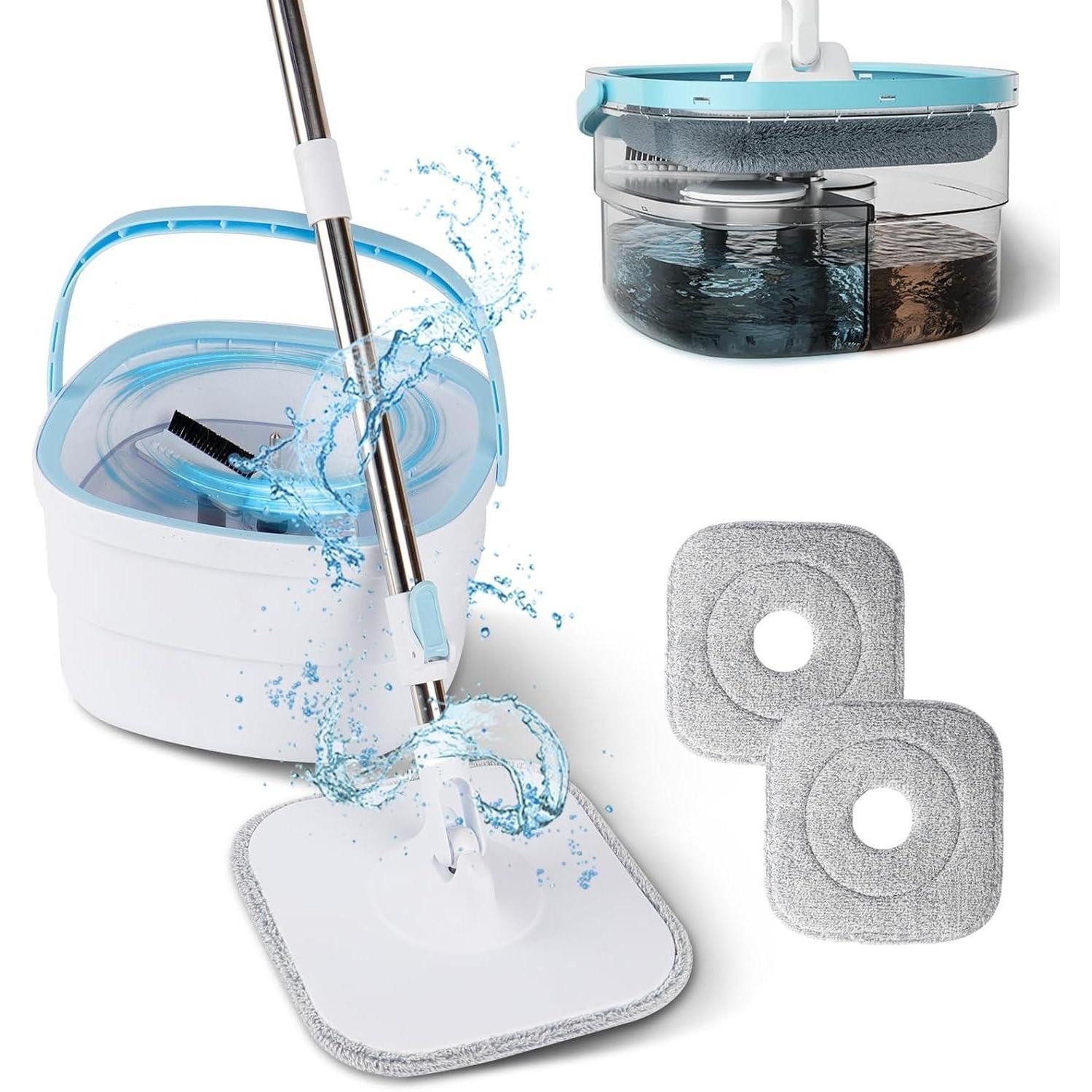 LuxusKollektion Reinigungs-Set Wischmopp 360 Grad mit Eimer und 2 waschbaren Mikrofaserbezügen