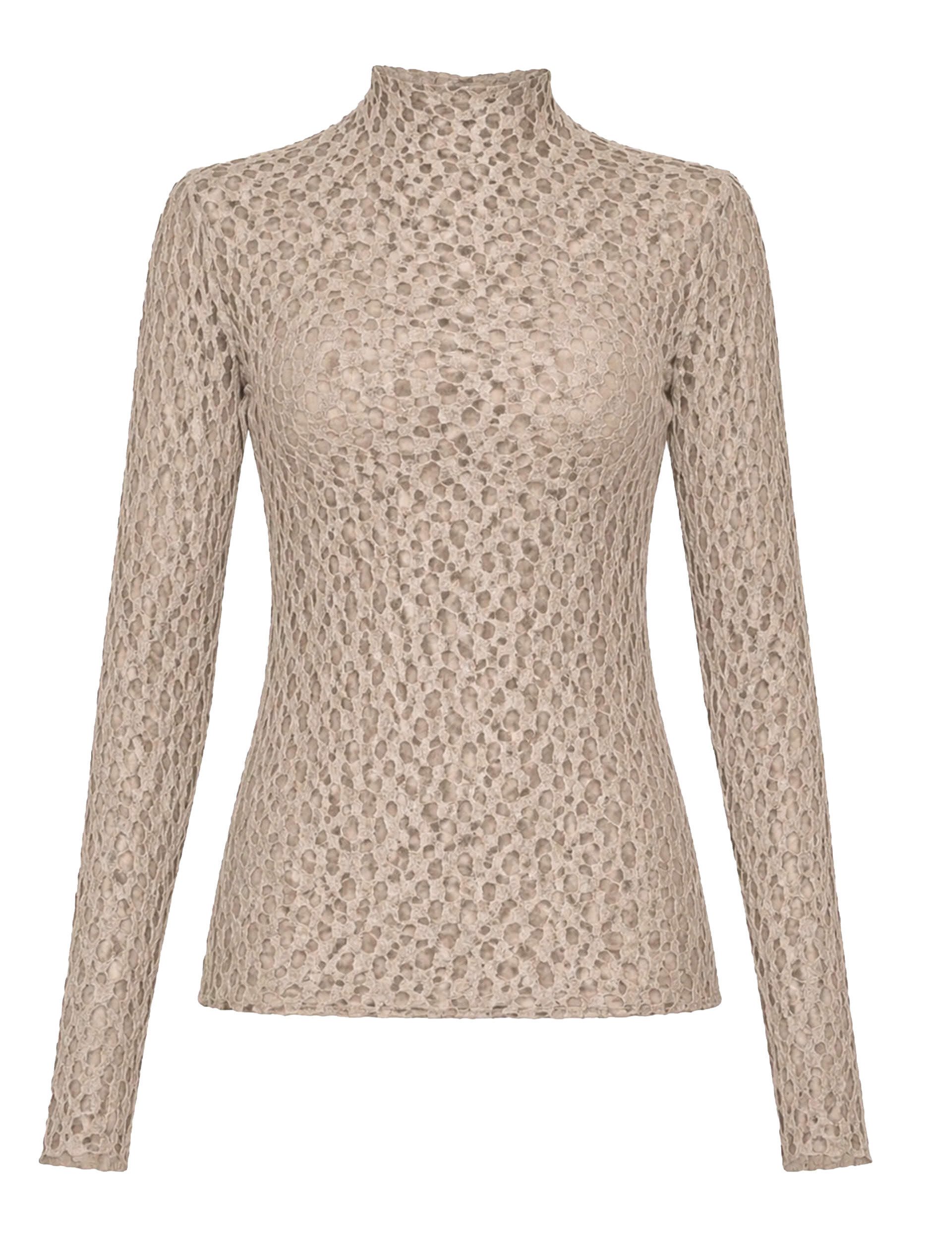 SASSYCLASSY Langarmshirt Langarmshirt aus Spitze für Damen Leicht transparentes Top mit Stehkragen in figurbetontem Schnitt – Bild 2 von 5
