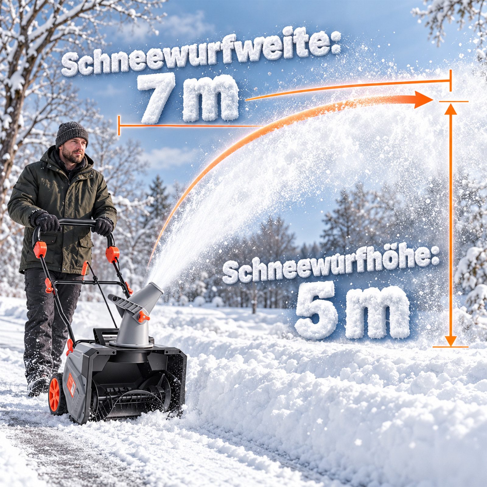 XERSEK Akku-Schneefräse 1400W Elektro Schneeschaufel Schneeschieber Brushless Motor 6500RPM, (46cm Arbeitsbreite 27cm Schneehöhe 7m Wurfweite, inkl. 2x4Ah Akkus – Bild 5 von 5