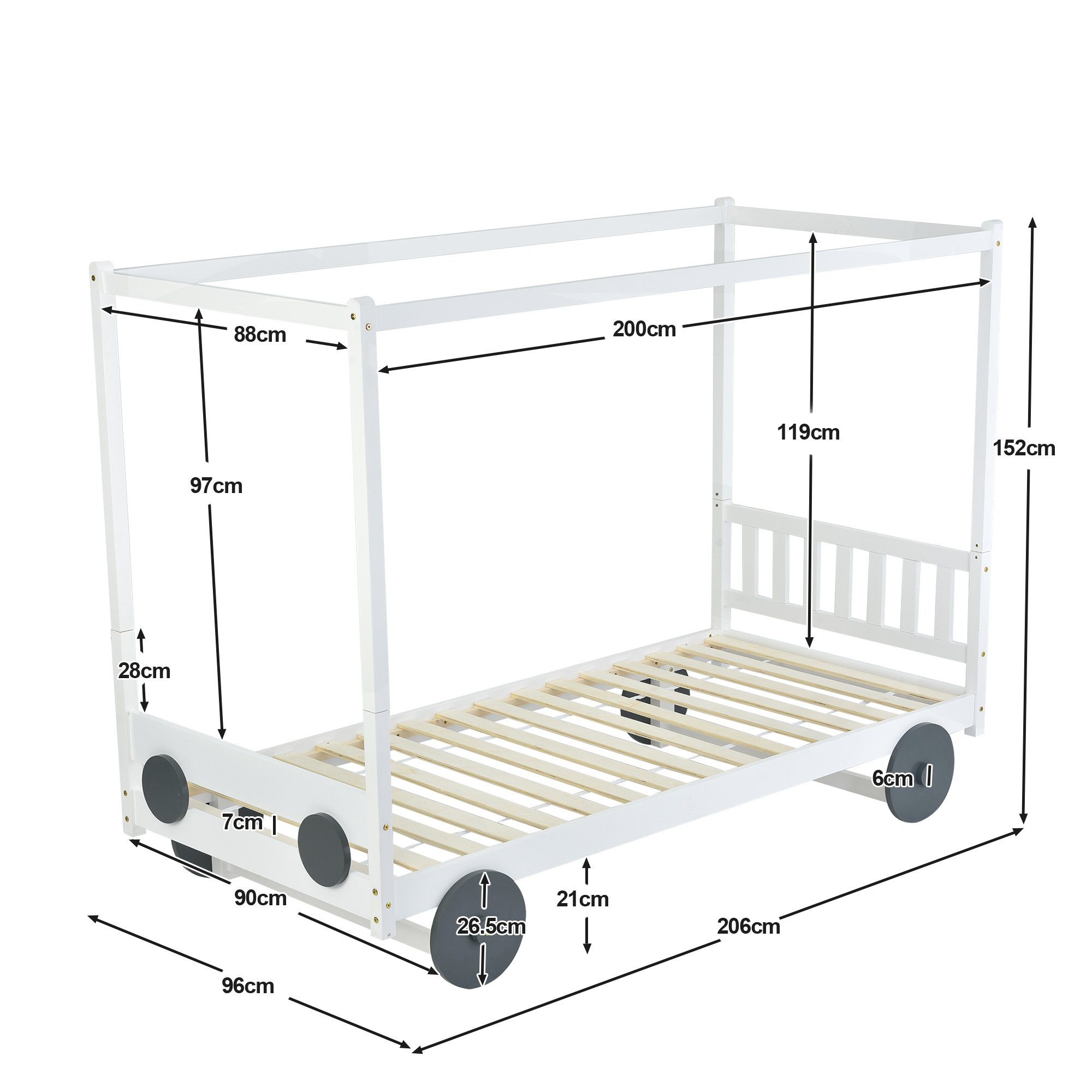 Kinderbett (mit MDF-Rädern und abnehmbare Rahmen), Einzelbett mit Lattenrost, massivem Kiefernholz, 90x200