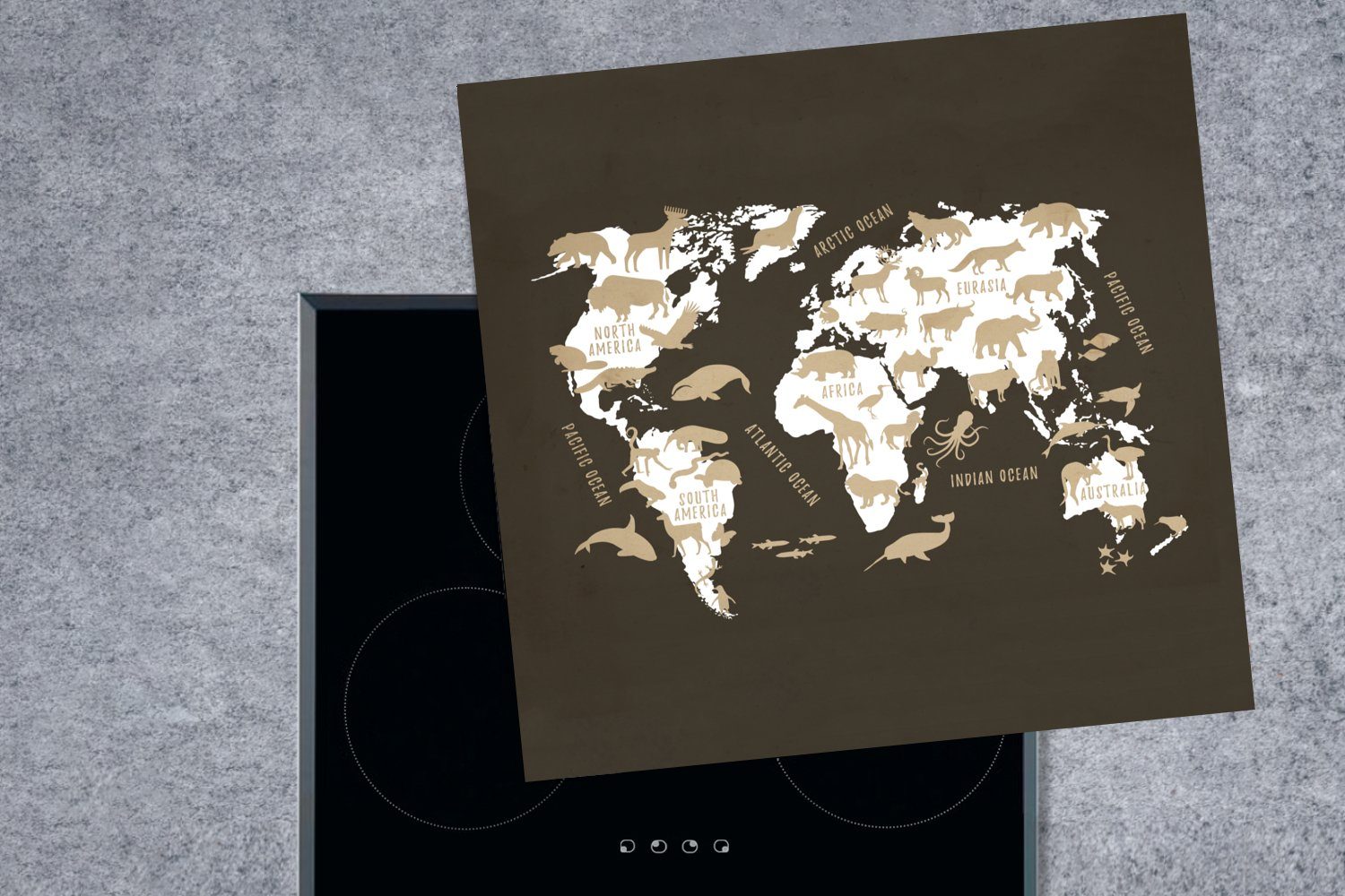 Weltkarte Vinyl, 78x78 MuchoWow für (1 - Herdblende-/Abdeckplatte Weiß - tlg), Tiere, Ceranfeldabdeckung, küche Arbeitsplatte cm,
