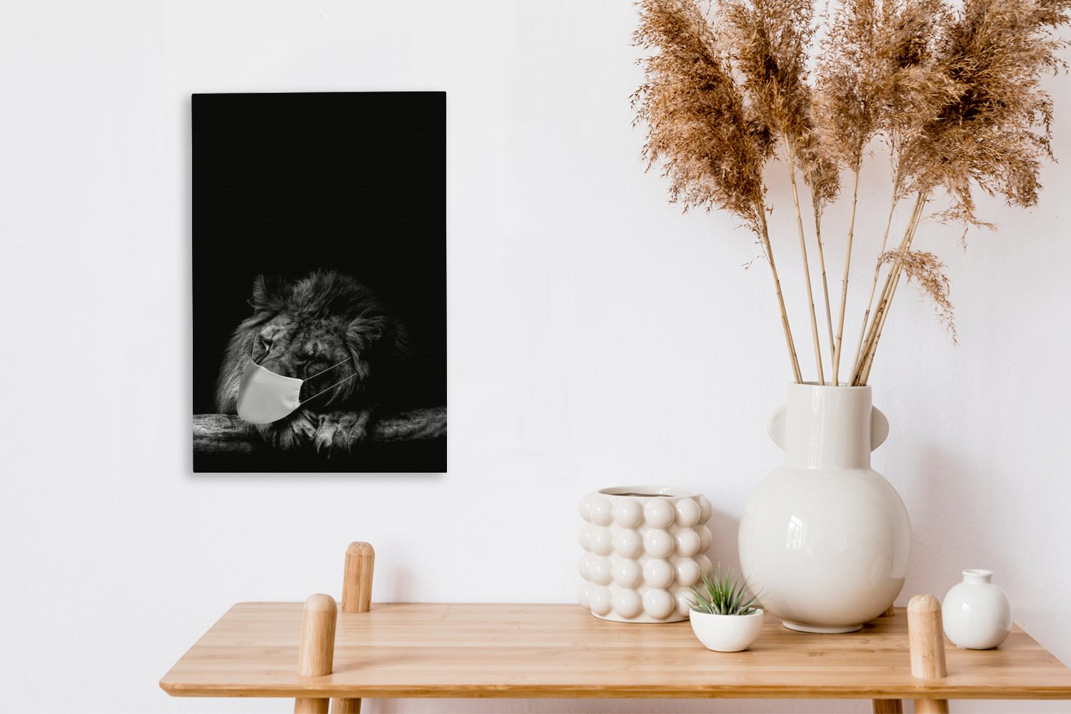bespannt Löwe Zackenaufhänger, Leinwandbild 20x30 OneMillionCanvasses® schwarz St), Leinwandbild weiß, und Gemälde, - Mundschutz fertig (1 cm inkl. mit