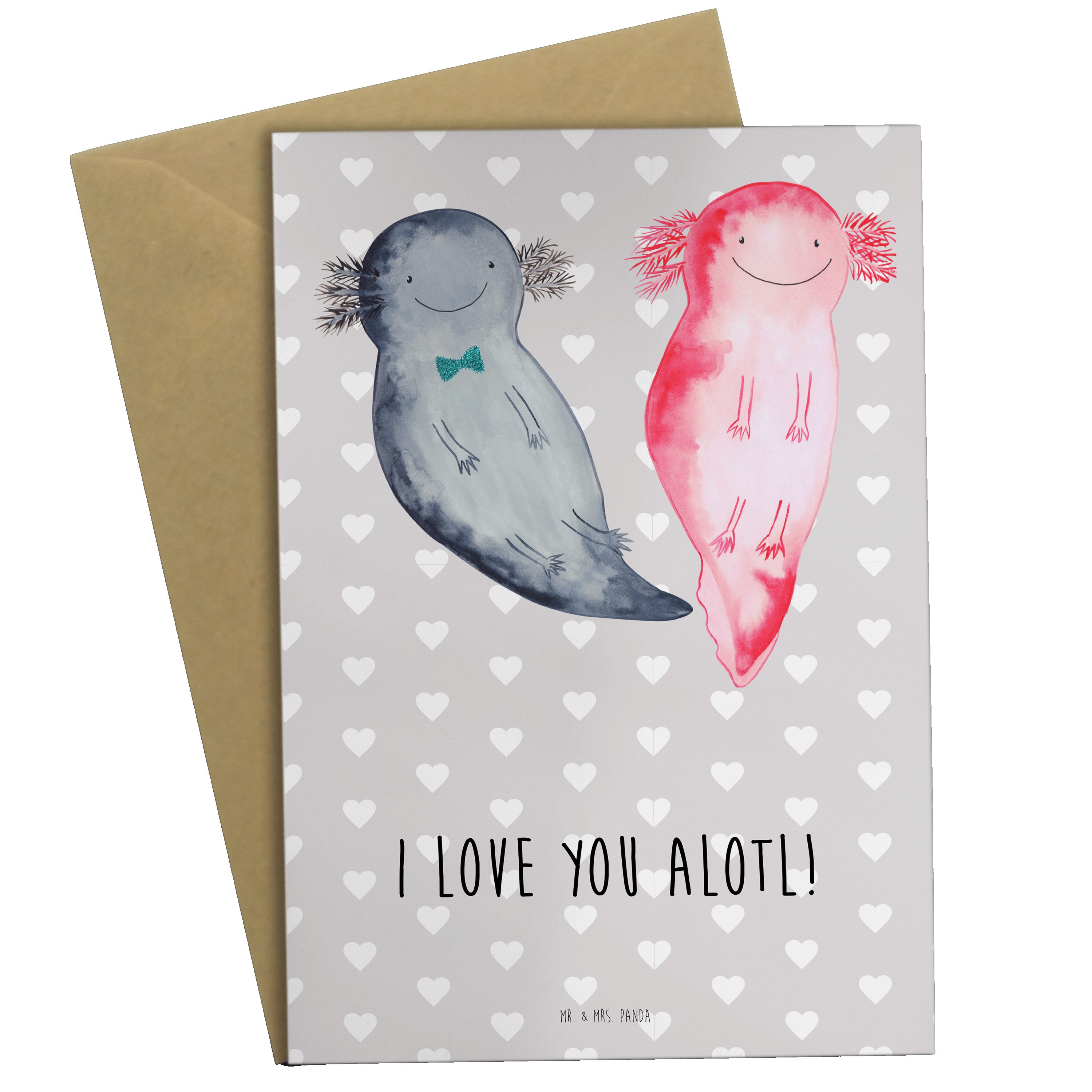 Mr. & Mrs. Panda Grußkarte Axolotl Liebe - Grau Pastell - Geschenk, Freund, Partner, Hochzeitska