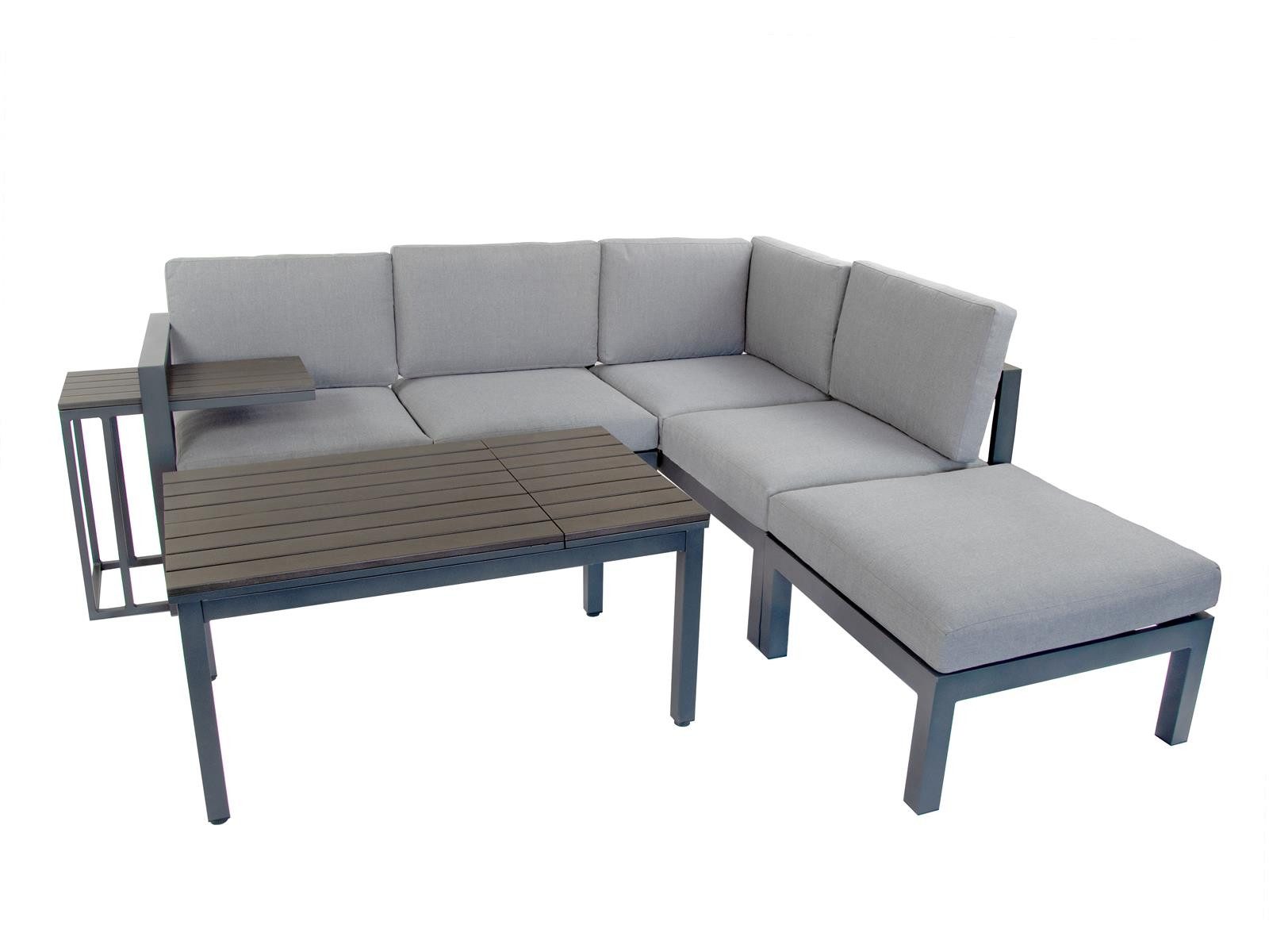 bellavista - Home&Garden® Gartenlounge-Set »Braga« Lounge Set Alu Ecklounge Loungemöbel Sitzgruppe Gartenmöbel, (Set, 5-tlg., 1x Eckbank (2x 2-Sitzer Bank), 1x Hocker, 1x Tisch, 1x Beistelltisch), grau, Aluminium, für 5 Personen, wetterfest - Garten, Terrasse