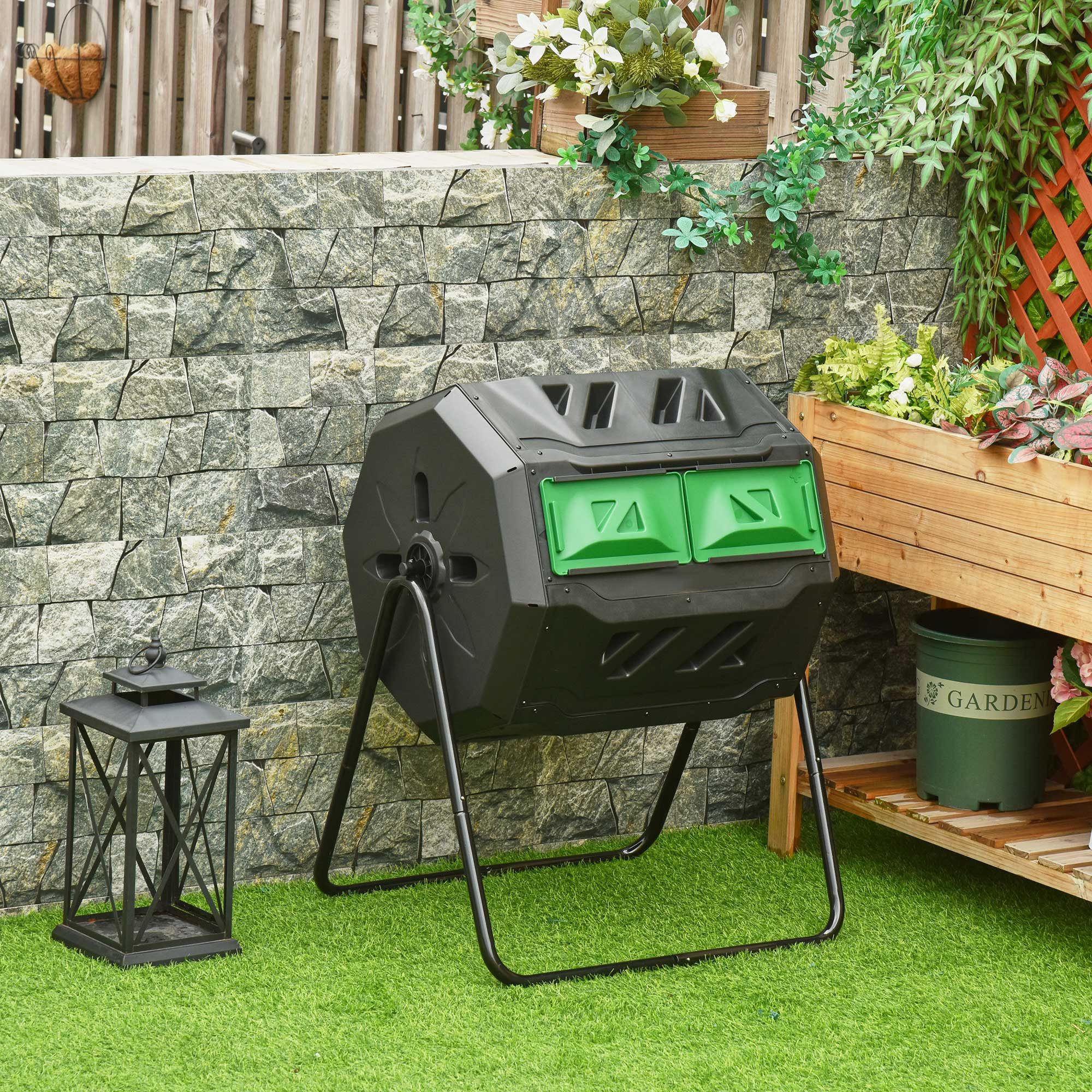 Outsunny Komposter Drehbarer Schnellkomposter, Thermokomposter mit 2 Kammer, BxTxH: 65x65x96 cm, 160 l, (Gartenkomposter, 1 St., Trommel-Komposter), für Garten, Balkon, Schwarz