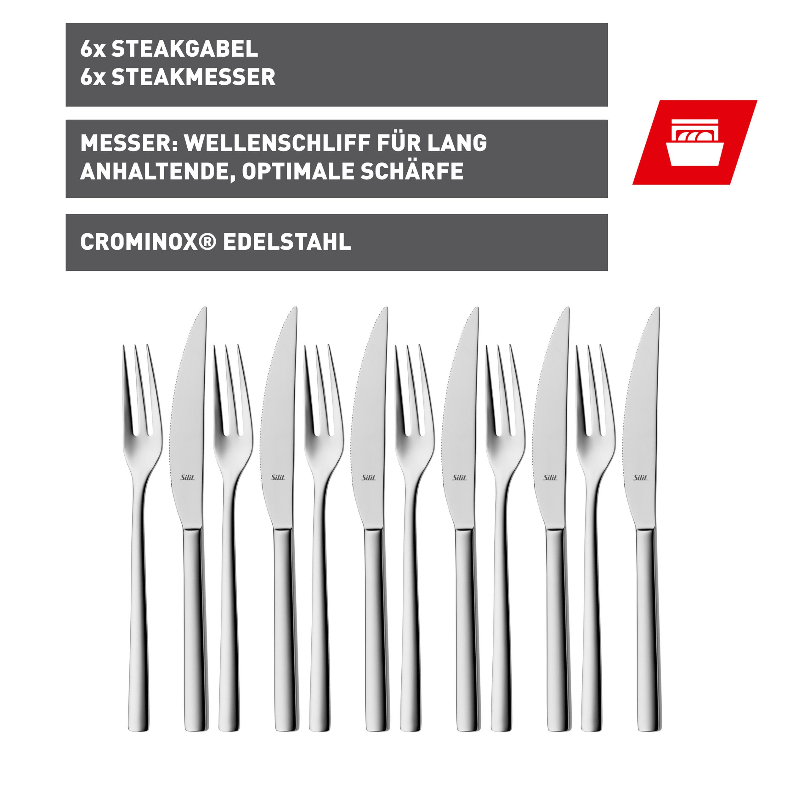 Silit Steakbesteck Trend (12-tlg), 6 Personen, Edelstahl 18/10, 12-teilig, Crominox: Edelstahl 18/10, Wellenschliff