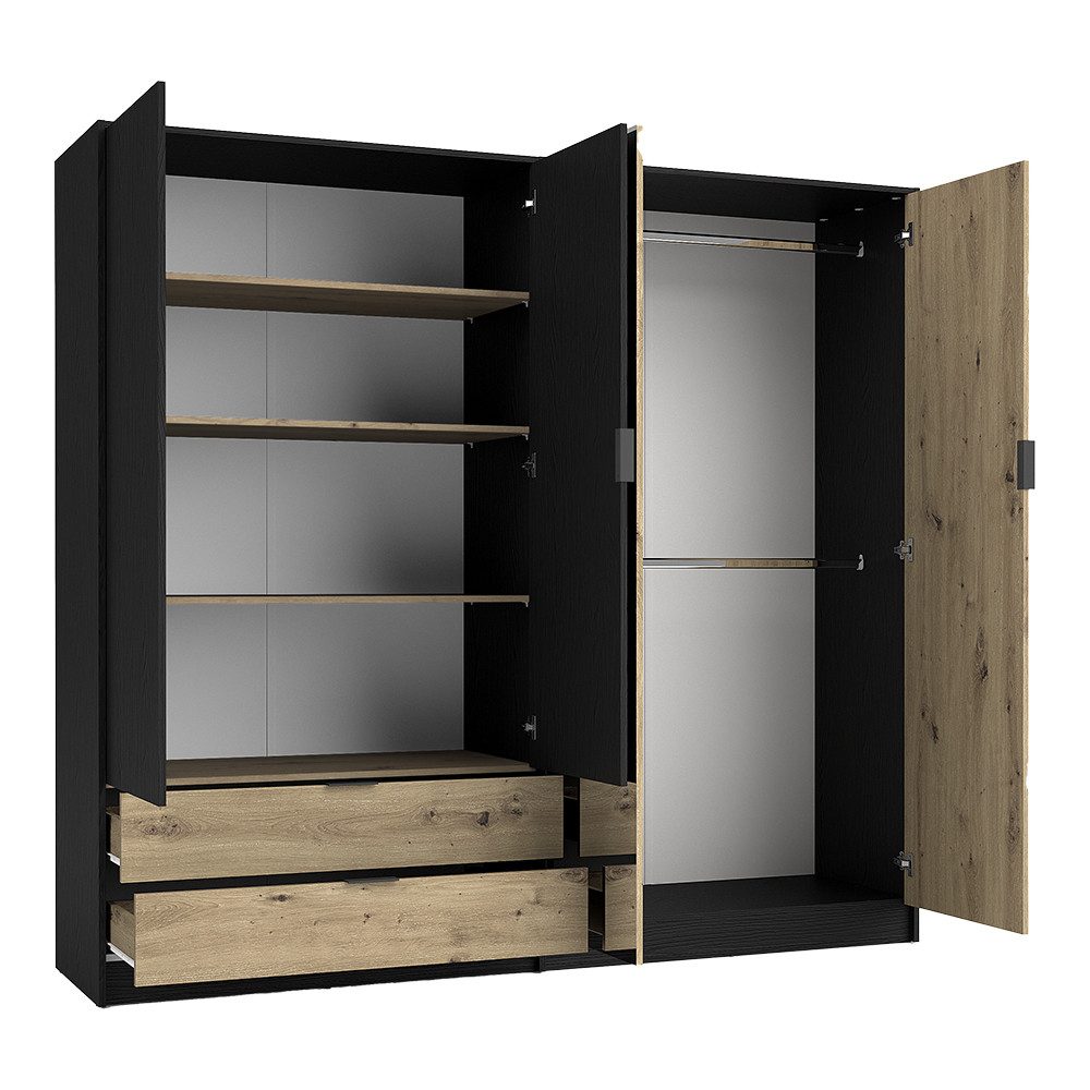 Lomadox Schlafzimmer-Set UTRECHT-166, (Spar-Set, 4-tlg., Bettgestell Nachttische Kleiderschrank), in Eiche und graphit, Bett 160x200cm, aufklappbares Lattenrost