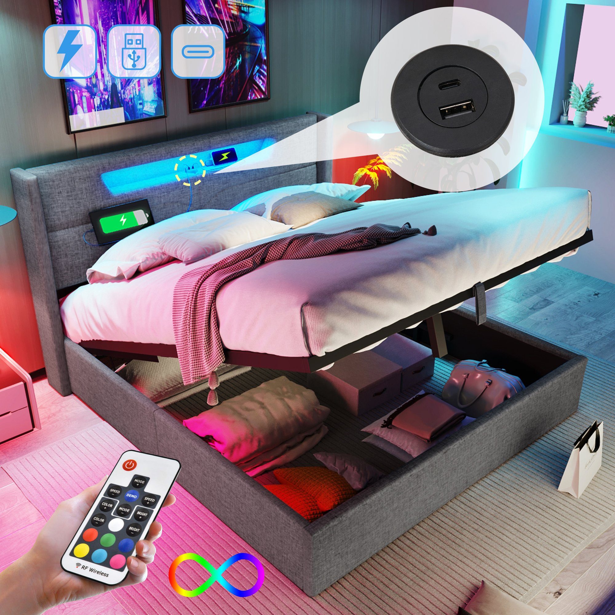REDOM Polsterbett LED Doppelbett mit USB günstig online kaufen