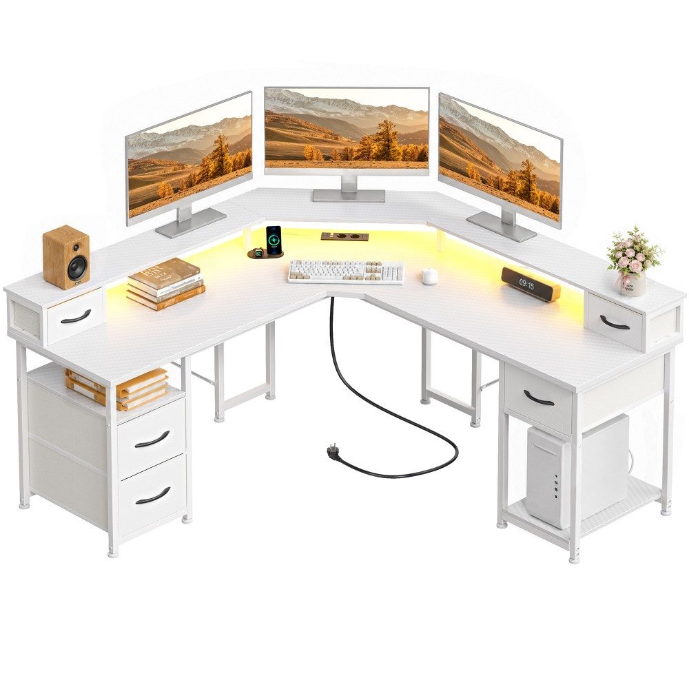 Klyvvo Schreibtisch 137x137 cm L Form Gaming Schreibtisch mit LED für Gaming, Homeoffice (1-St., Computertisch mit 5 Schubladen, Ergonomisch Monitorständer, LED), USB-Ladeanschluss und Steckdose,Eckschreibtisch, Weiß