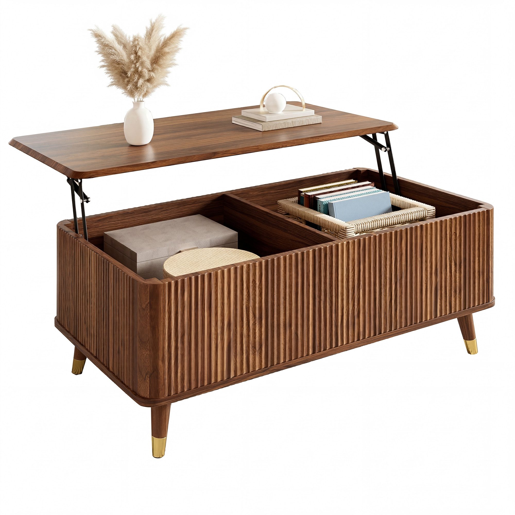 Merax Couchtisch höhenverstellbar Sofatisch Retro Walnuss Beistelltisch (1-St), Wohnzimmertisch mit Stauraum und Holzbeinen, 97x52x56,5 cm