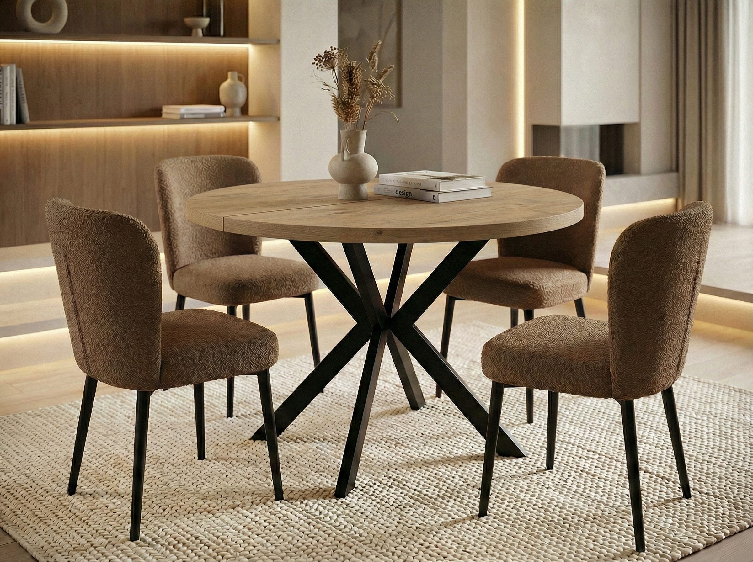 WFL GROUP Esstisch Valeo ausziehbar rund industrial mit schwarzen Metallbeinen (MADE IN EU, erhältlich in zwei Größen – 100/120 cm, ausziehbar auf 180/200 cm), platzsparender Tisch in Holzoptik für Küche, Esszimmer oder Wohnzimmer