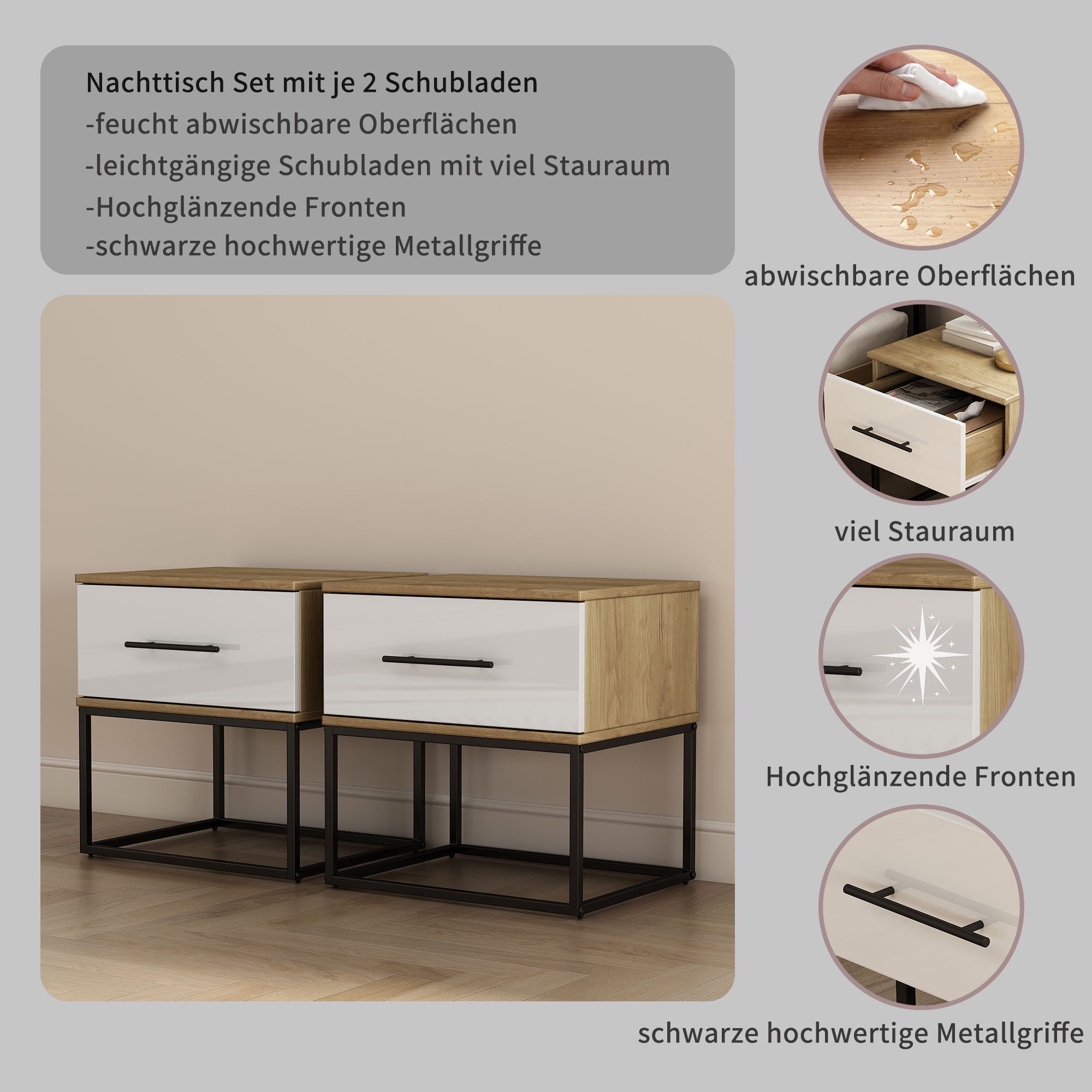 OTTO home Nachtkommode Lucca Nachttisch Set mit Metallkufen und schwarzen Griffen (Set, 2 Schränke im Set, Hochglanz Fronten in weiß), Nchttisch Set mit je einer Schublade in Loft Design