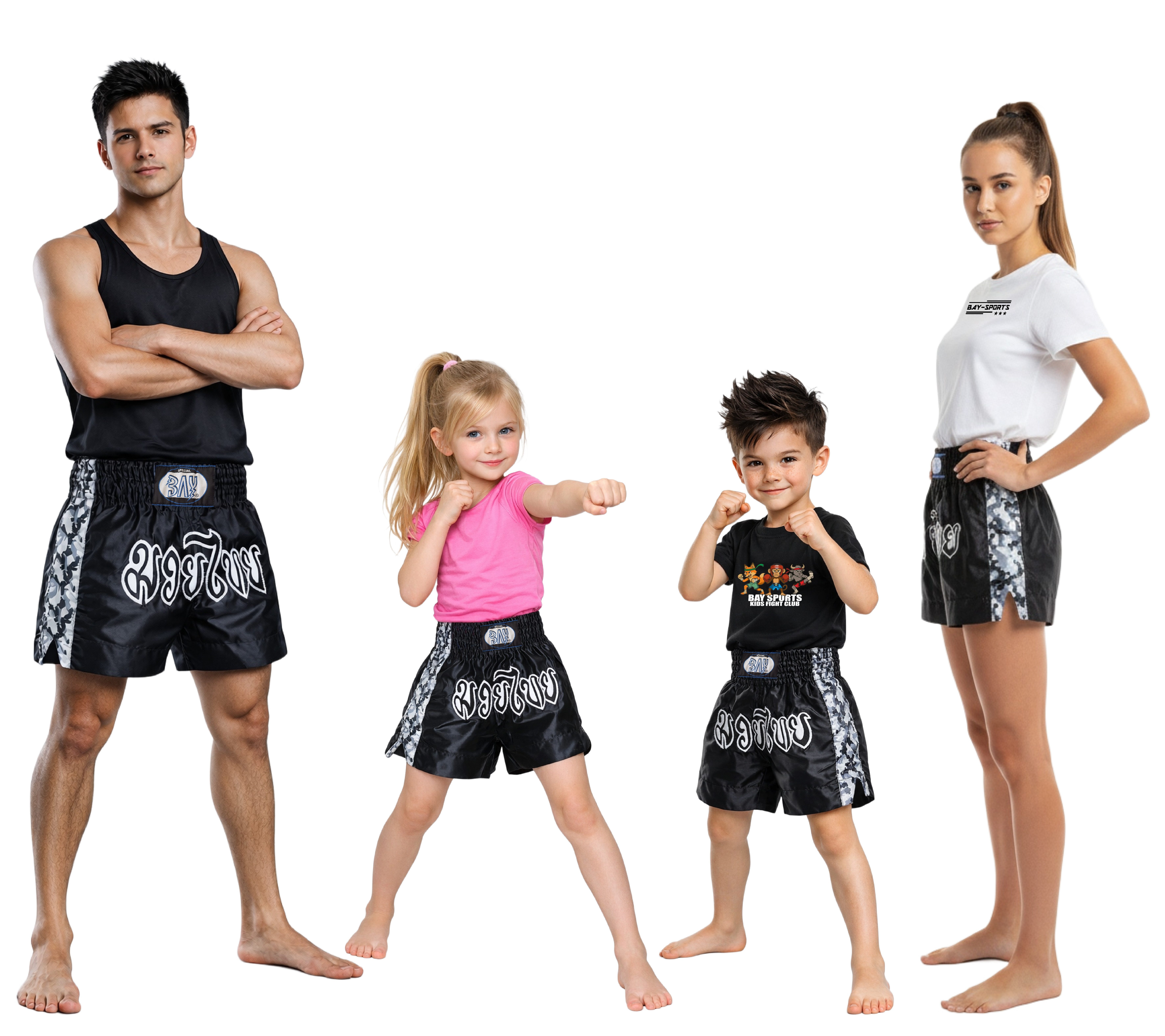 BAY-Sports Sporthose Thaiboxhose REMY Muay Thai Hose Shorts Thaiboxen MMA kurz Kickboxen kurze, leichte, locker sitzende Trainingshose, Schwarz/Camouflage/Weiß