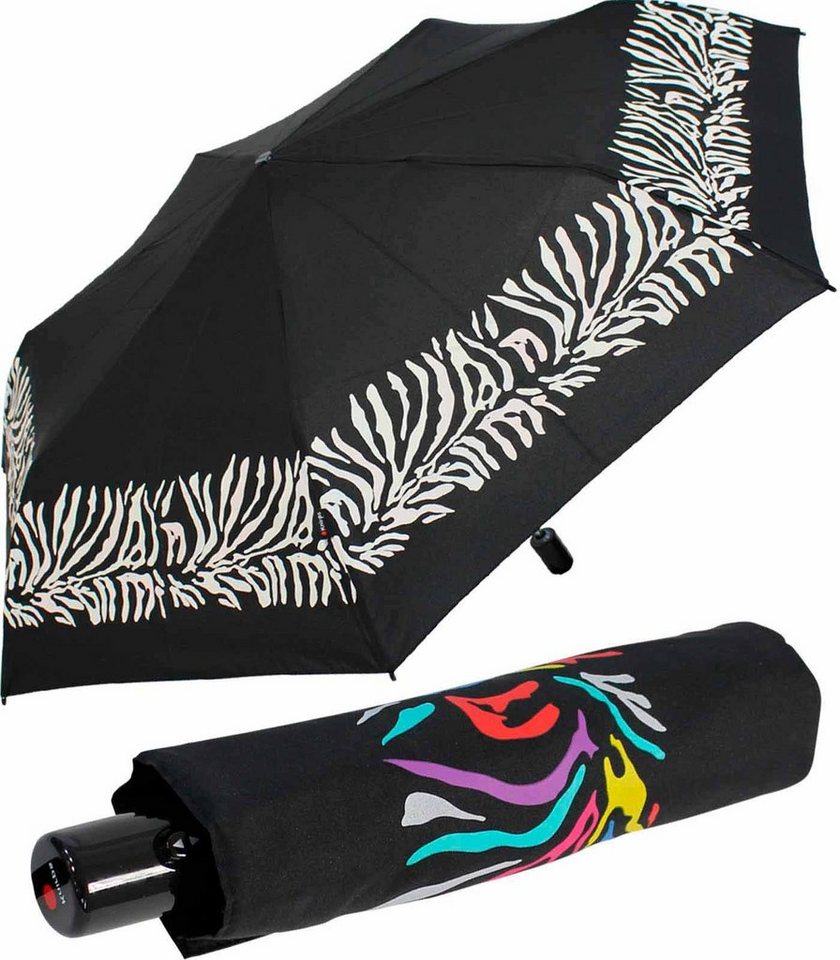 Knirps® Taschenregenschirm Slim Duomatic Auf-Zu-Automatik Farbwechsel -  Zebra, sobald der Schirm nass wird, färbt er sich bunt