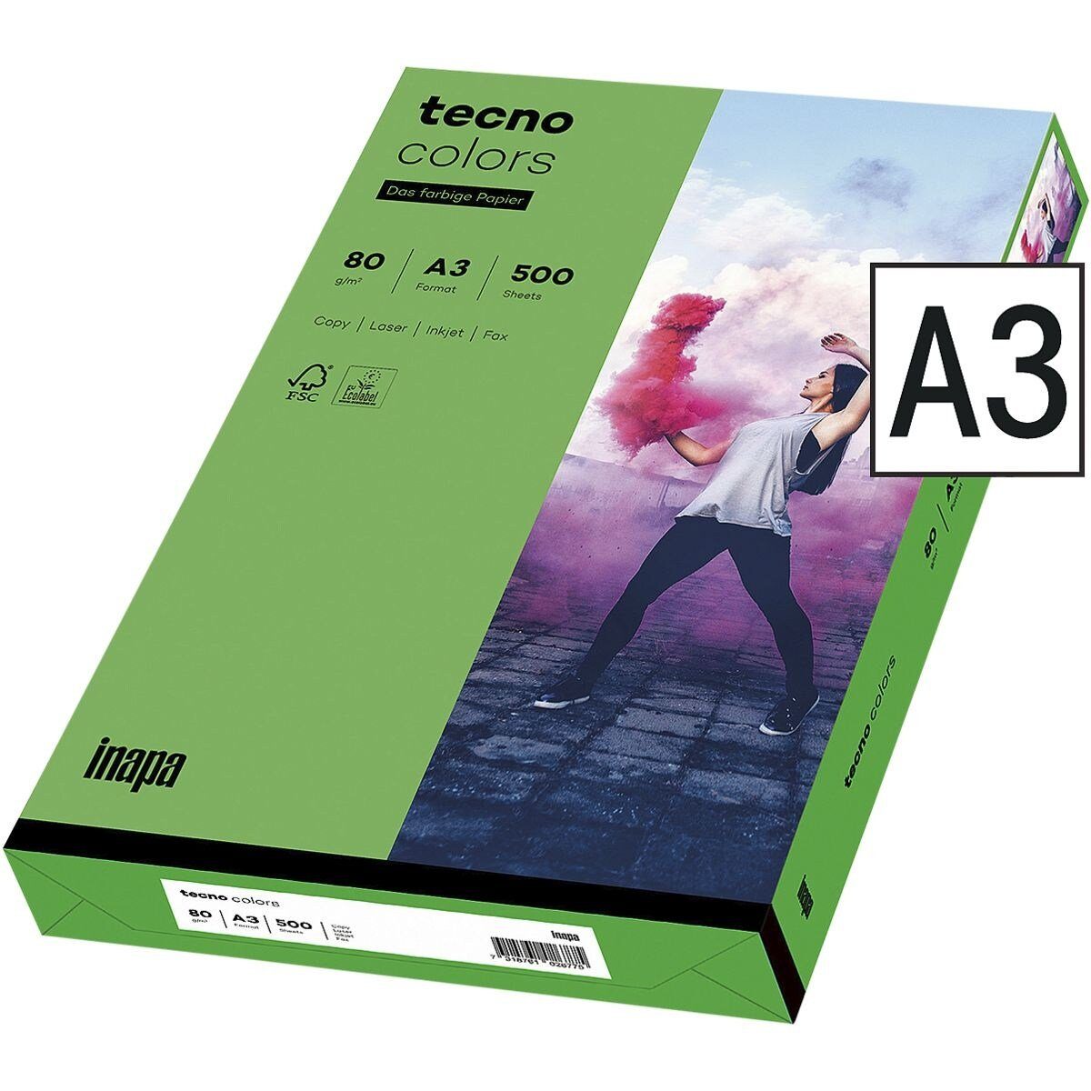 Inapa tecno Drucker- und Kopierpapier Rainbow / tecno Colors, Intensivfarben, Format DIN A3, 80 g/m², 500 Blatt intensivgrün