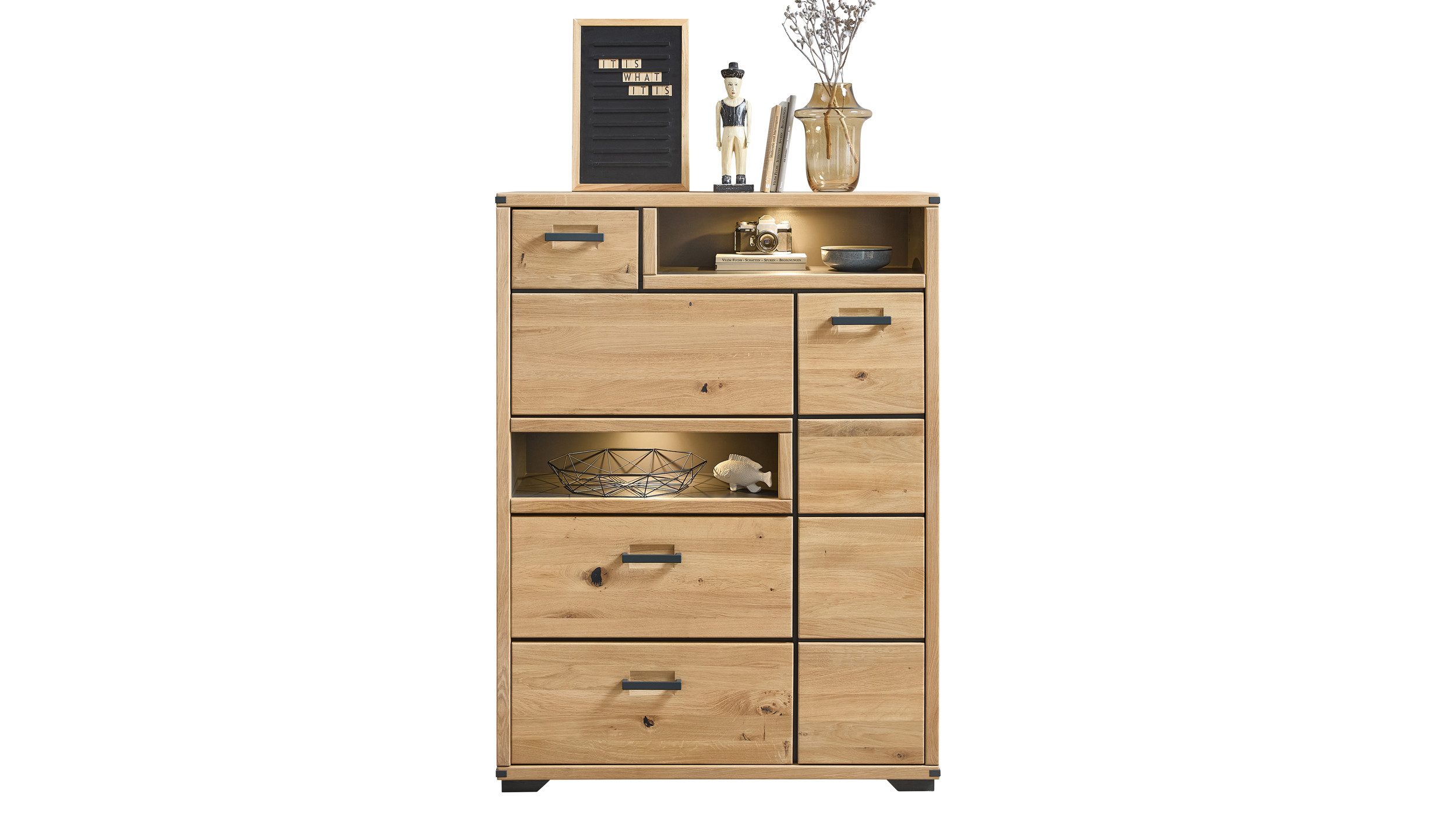 Massivart® Highboard CATANIA 105 cm / Massivholz Wildeiche geölt / Metallgriffe, 1 Holztür / 1 Türklappe / 2 Schubladen / Soft-Close / LED-Beleuchtung