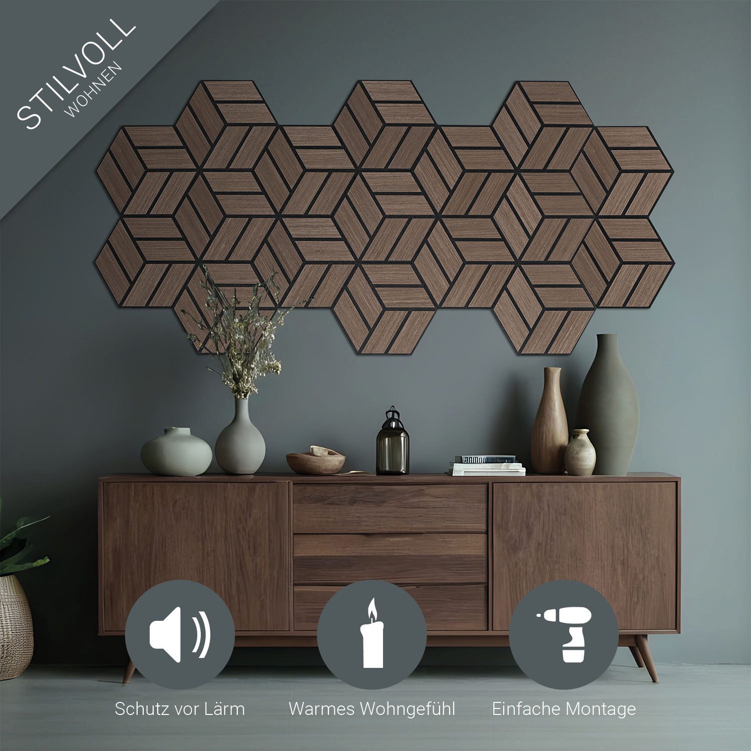 Homestyle4u Wandpaneel Wand je 30x26 Hexagon Akustikpaneele Holz Schallschutz Filz modern, (Spar-Set, 20-tlg., 20er Set Akustikpaneele) 3D Akustik Paneel Wandpa – Bild 4 von 5