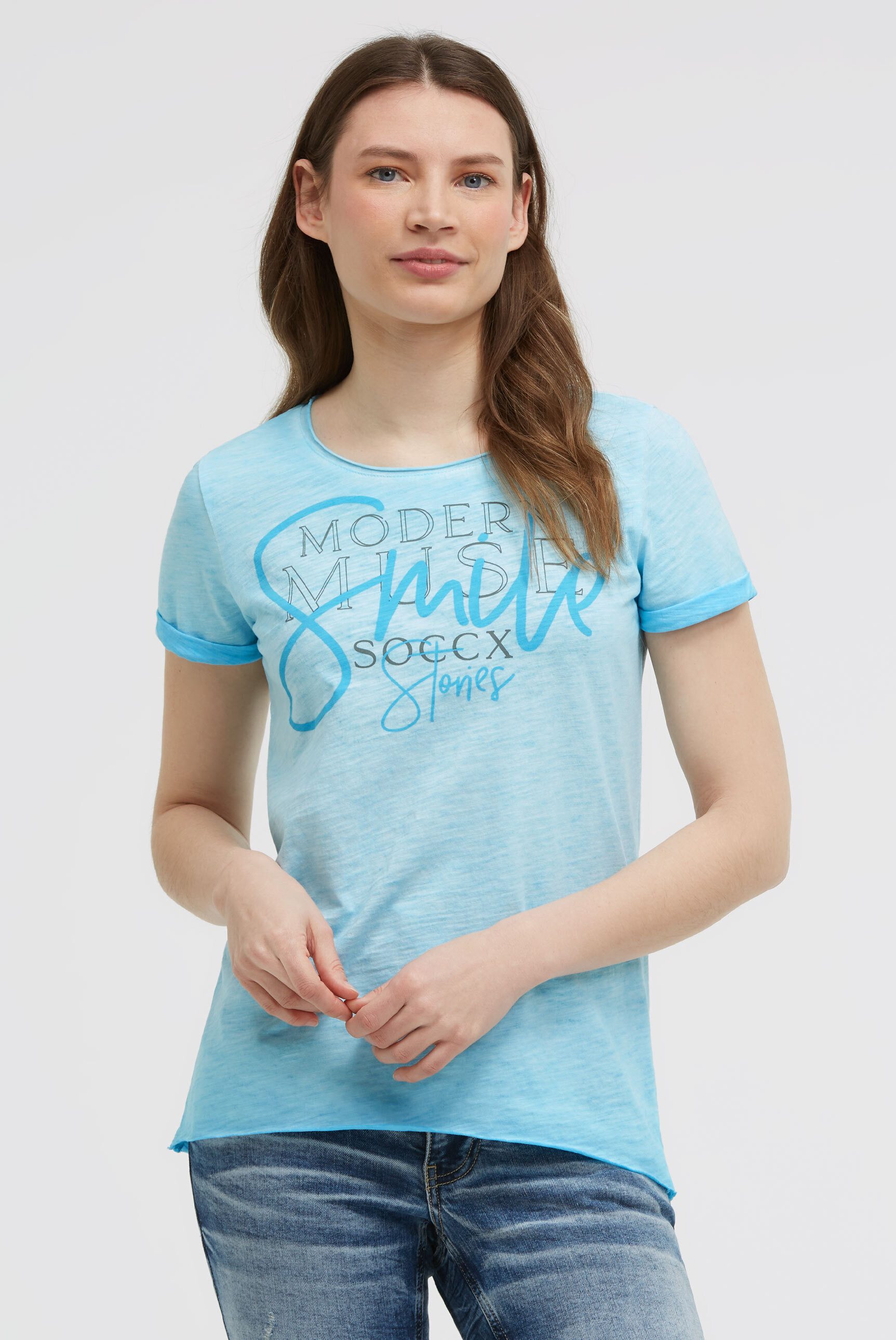 SOCCX Rundhalsshirt mit fixierten Turn-Up-Ärmeln