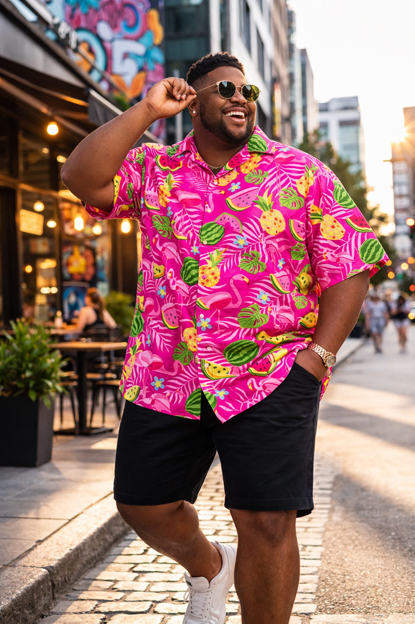 King Kameha Hawaiihemd Flamingo Melone Übergrößen 7XL-12XL Sommerhemd Kurzarm Front-Tasche