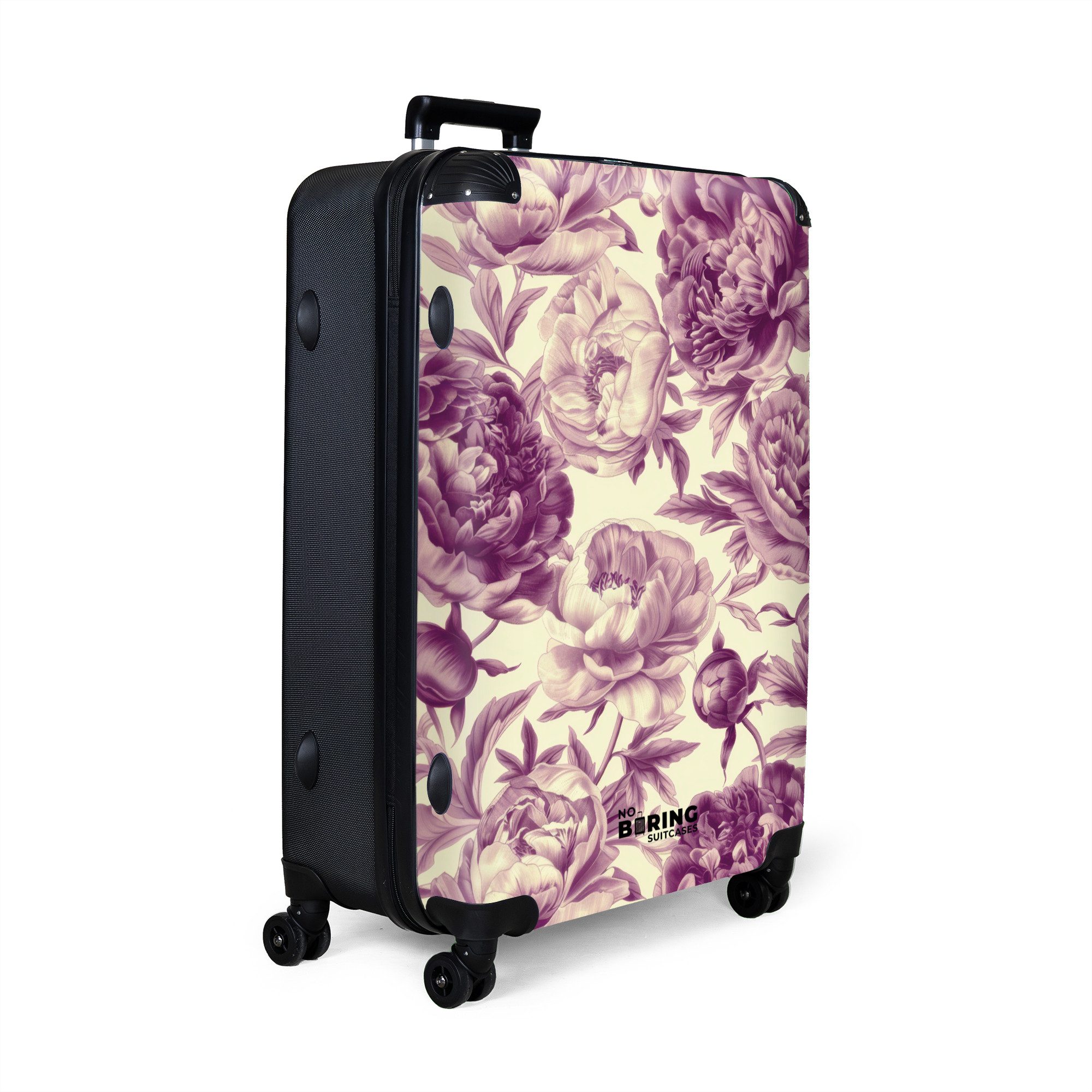 NoBoringSuitcases.com© Hartschalen-Trolley Weiß mit violetten Blüten günstig online kaufen