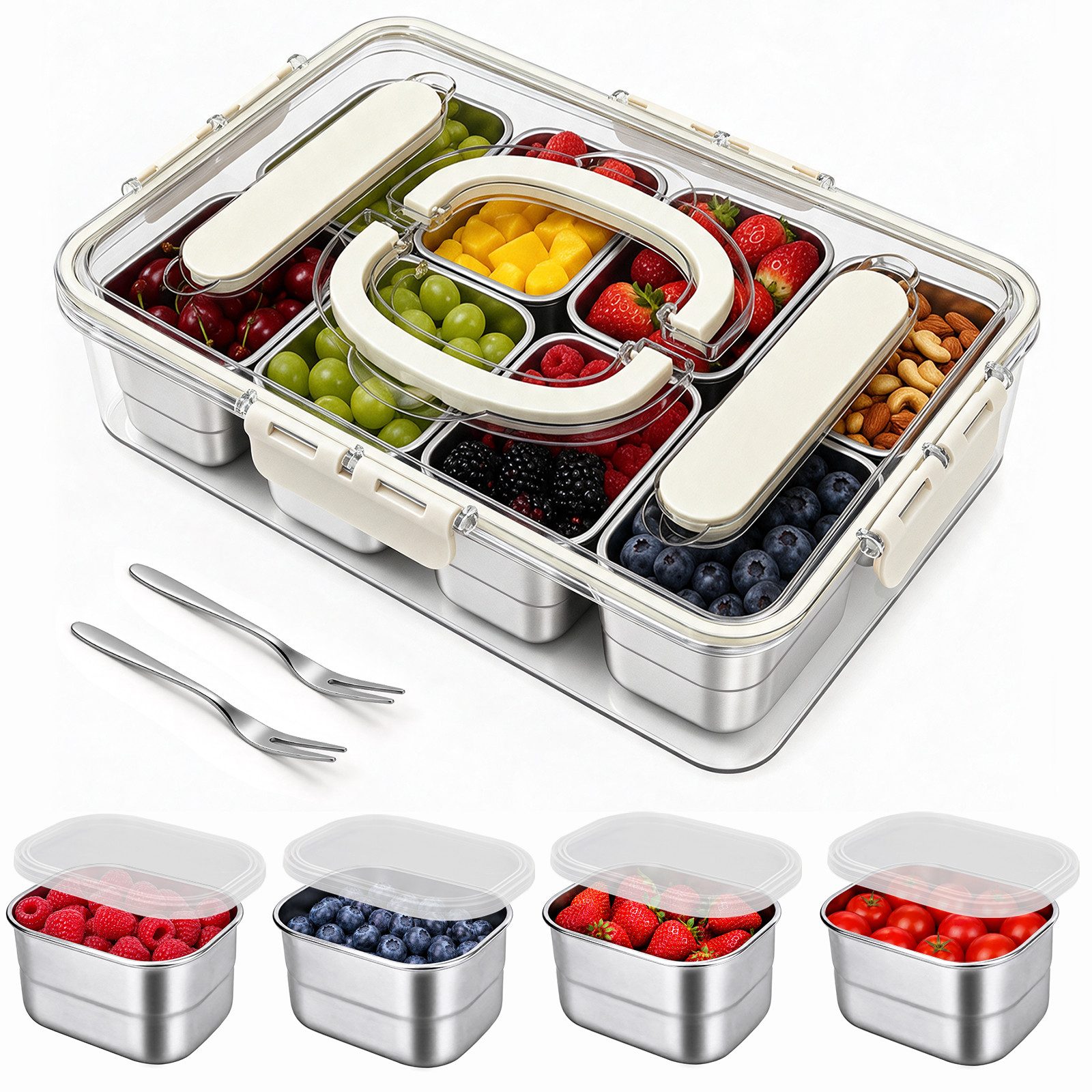 OSTWOLKE Frischhaltedose Snackbox mit 8 Fächern aus Edelstahl, Snackschale mit Deckel und Griff, Edelstahl 304 + PP, Snackbox für Obst, Gemüse, Kekse, Nüsse, Snackdose für Picknick Party