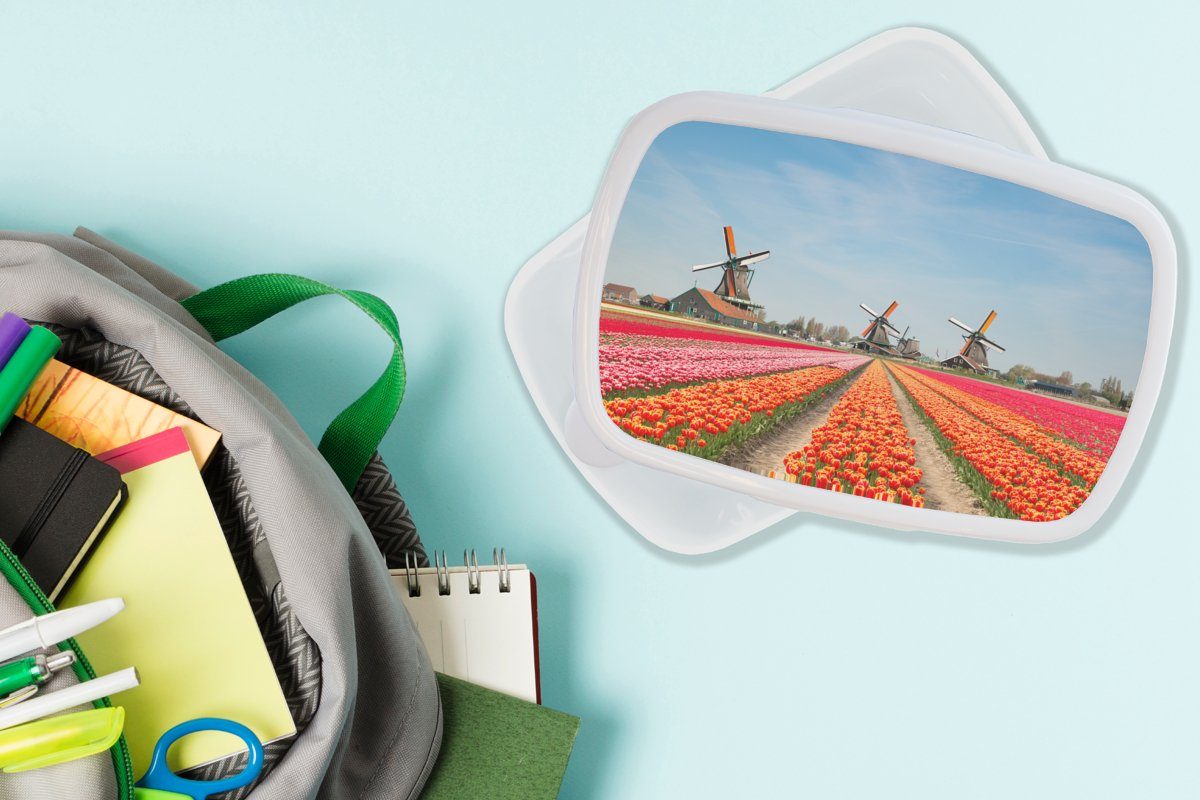 Brotbox Mädchen Niederlande, Tulpen MuchoWow Erwachsene, Windmühle (2-tlg), Jungs für Kinder für Lunchbox Brotdose, weiß und - Kunststoff, und -
