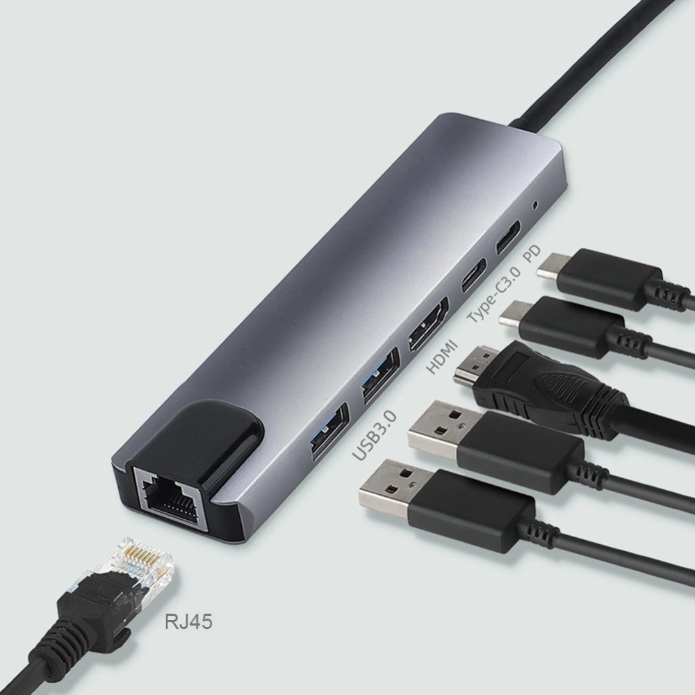 GelldG USB-C-Hub, USB-Adapter, 6-in-1, Multicore-Adapter Medienkonverter