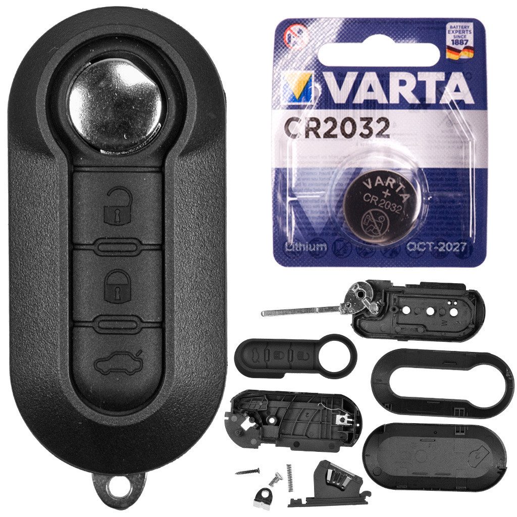 mt-key Auto Klapp Schlüssel Ersatz Gehäuse 3 Tasten + Rohling + VARTA CR2032 Knopfzelle, CR2032 (3 V), für FIAT 500 Ducato Punto Peugeot Citroen Funk Fernbedienung