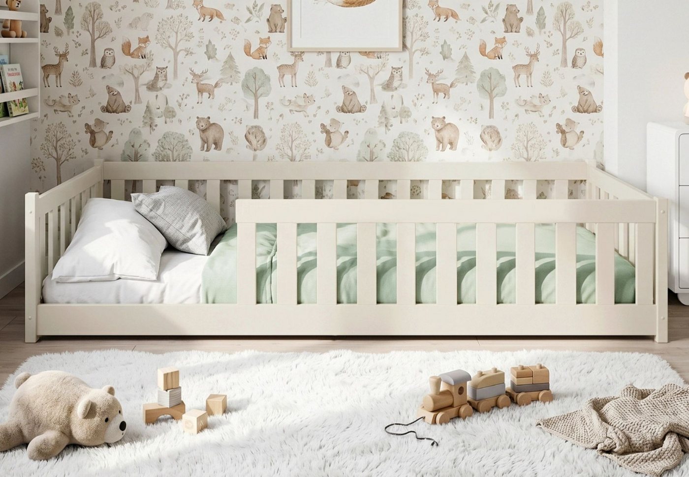 Kids Collective Kinderbett Bodenbett Bett mit Rausfallschutz & Lattenrost Montessori Bett Kinder (Jungen, Mädchen, Kinder, weitere Größen 80x160, 80x180, 90x190, 120x200, 140x200 cm), Gitterbett Jugendbett Einzelbett Baumwolle 90x200 cm
