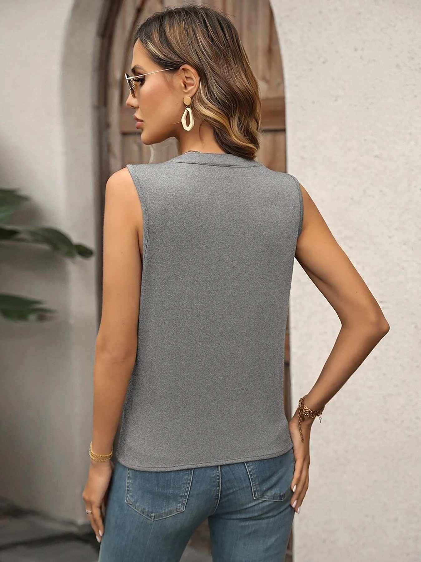 DEBAIJIA Kurzweste Damen Tank Top Plissee V-Ausschnitt Ärmellos T-Shirt Sommer Elegant – Bild 3 von 5