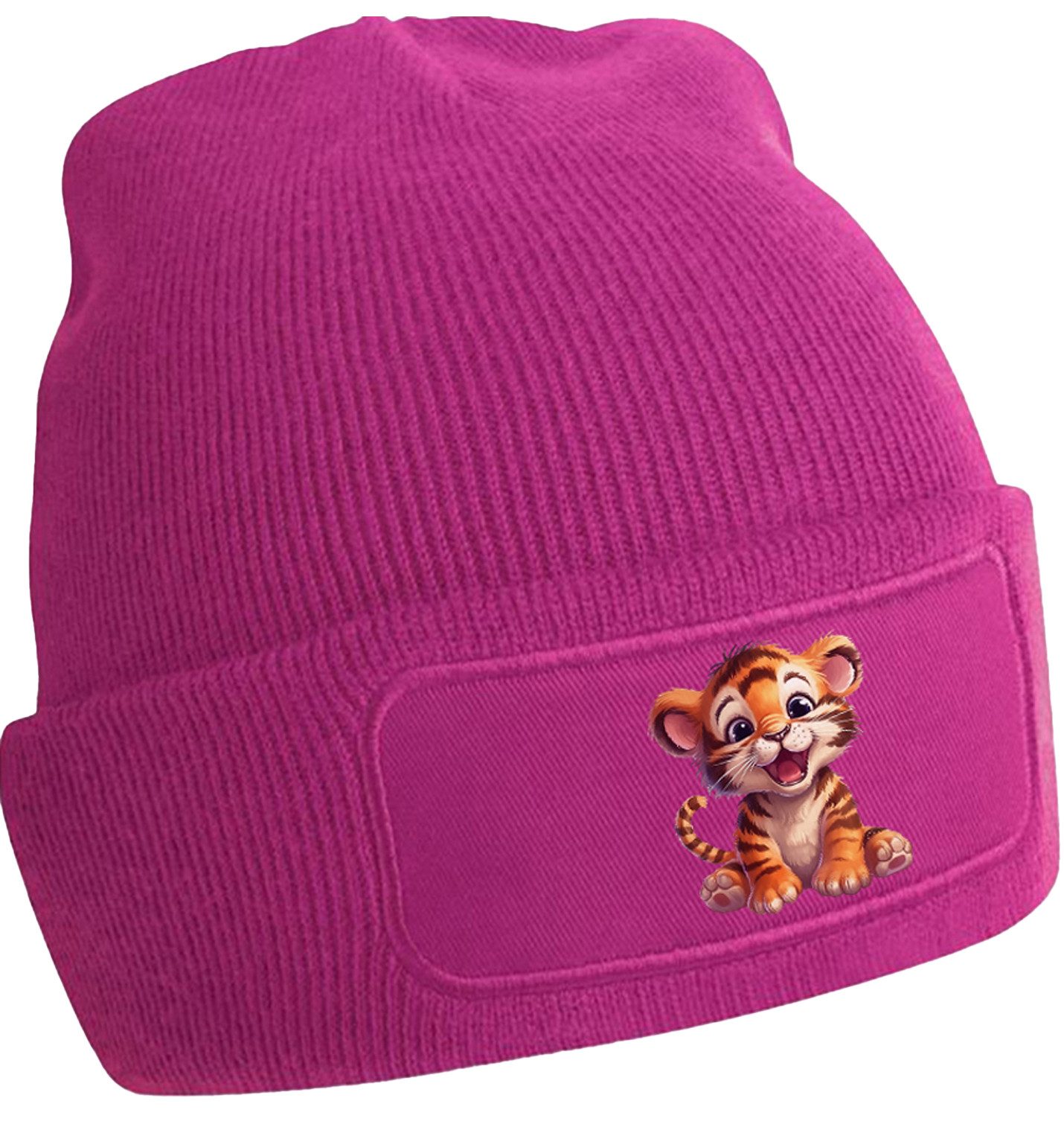 Strickmütze für kalte Tage - Beanie mit Umschlag und Tiger Print