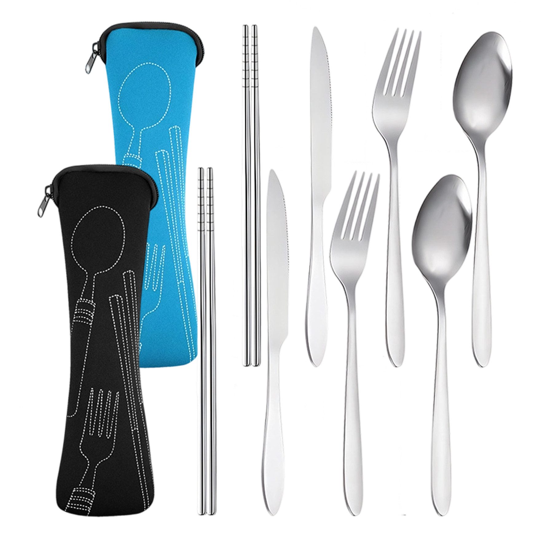 Mutig Besteck-Set 10 Stück Besteck-Set mit tragbarer Tasche, Edelstahl-Besteck, 2 Personen, Gabel Set Feldbesteck Messer für Outdoor, Reisen, Picknick, Schule