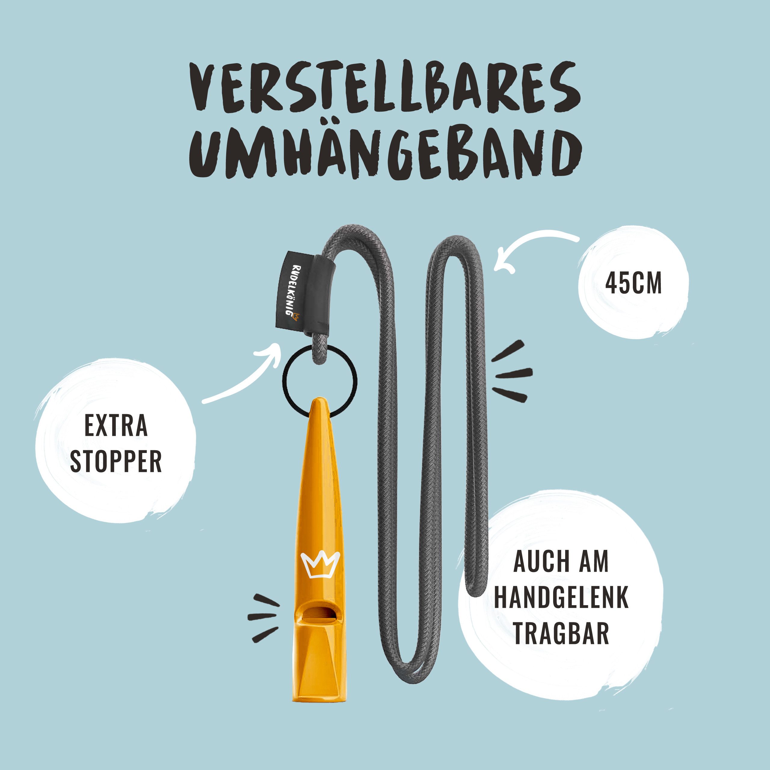 Rudelkönig Hundepfeife Trainingspfeife für Rückruftraining mit Pfeifenband, Hundepfeife, (1-St., Rudelkönig), professionell mit genormter Frequenz für die Hundeerziehung