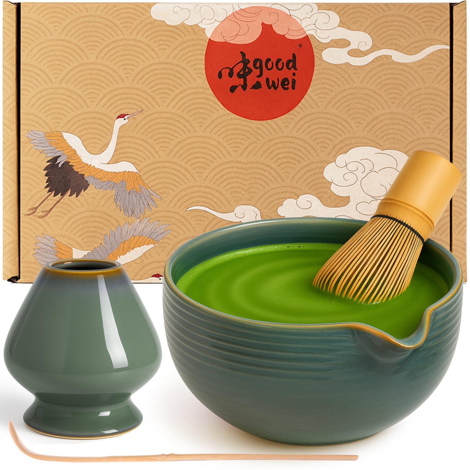 Goodwei Teeschale Matcha Tee Set "Menouseki": Matcha Schale mit Ausgießer & Besenhalter, 4-tlg., Keramik