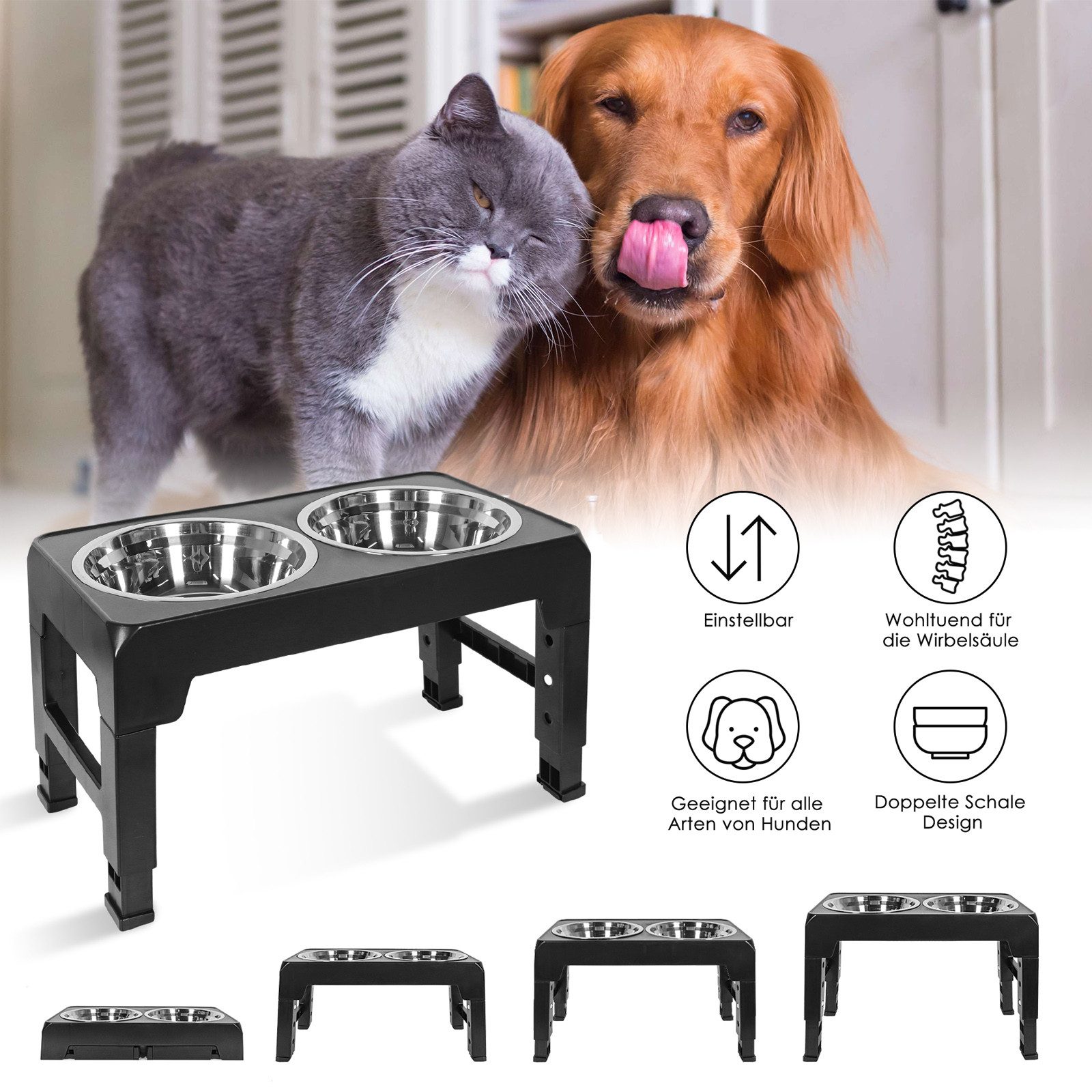 CALIYO Futternapf Hundenäpfe, Hundenapf, 4-fach höhenverstellbare, Faltbare Futterstation Fressnapf Wassernapf, 2X 1200ml Edelstahlnäpfen