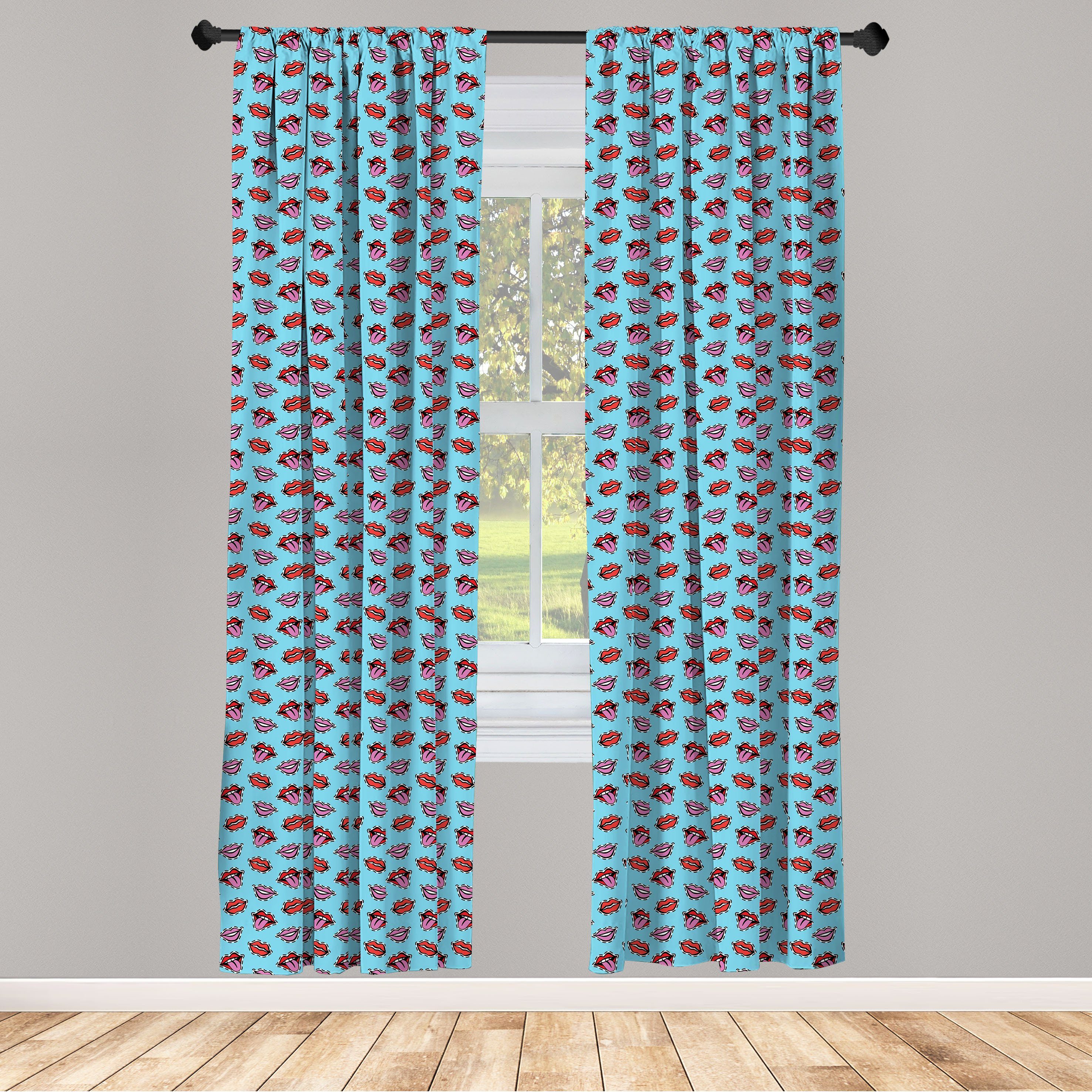 Gardine Vorhang für Wohnzimmer Schlafzimmer Dekor, Abakuhaus, Microfaser, 1990er Jahre Lippen und Zunge Retro-Muster