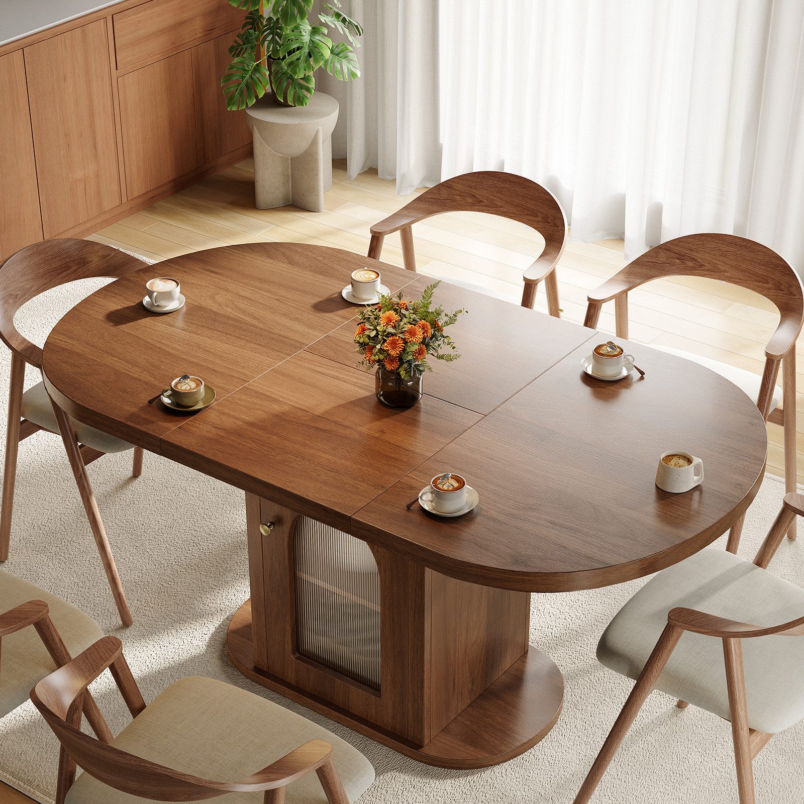 Patbrela Stuhl Holz-Esszimmerstühle, 2er-Set, Polsterstuhl, Kulissen-Esstisch 110–150 × 90 cm für 4–6 Personen mit Stauraum
