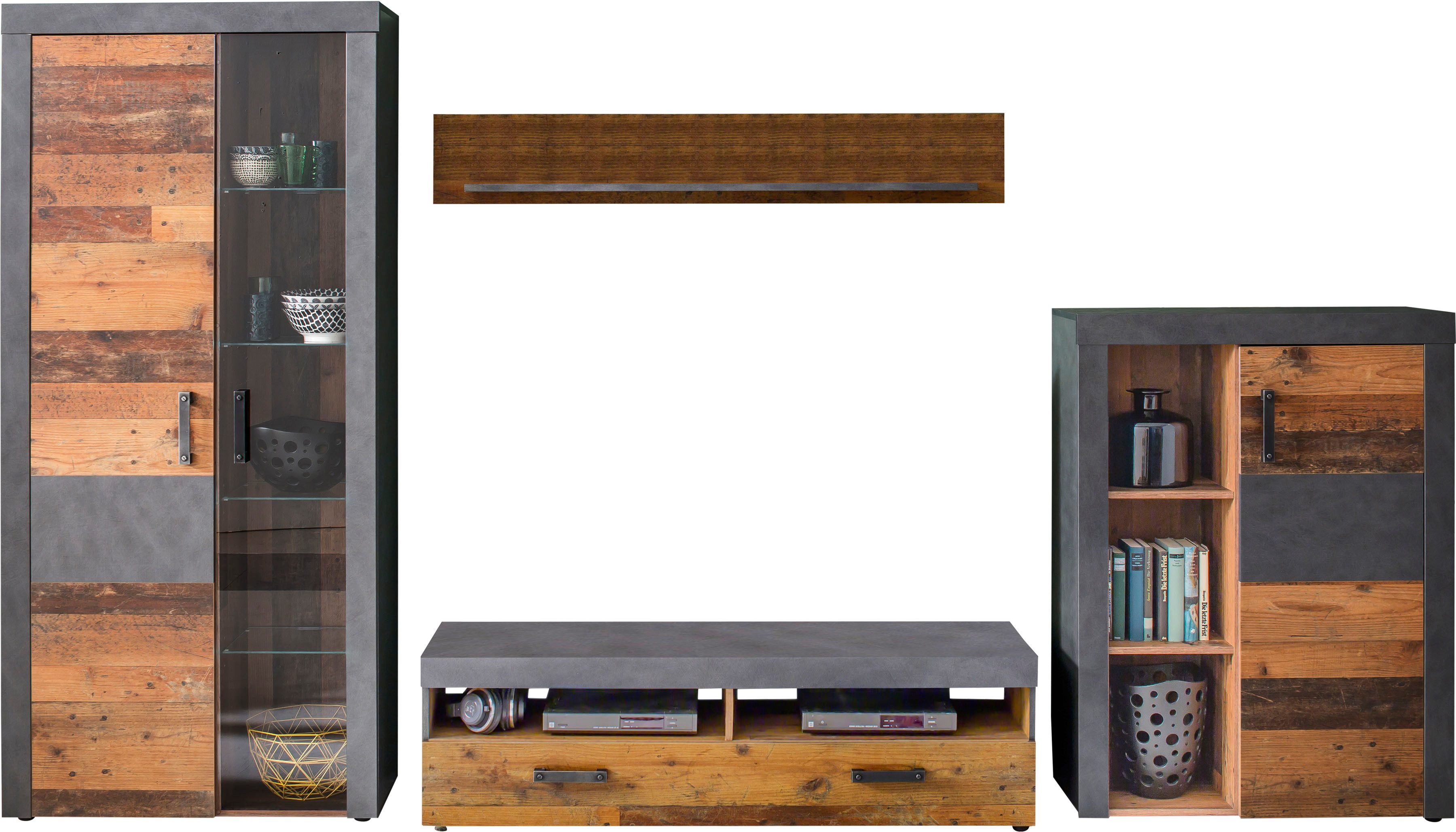 Home affaire Wohnwand Ilana, (Set, 4-St), moderne Wohnwand im Industrial Style - Beleuchtung optional