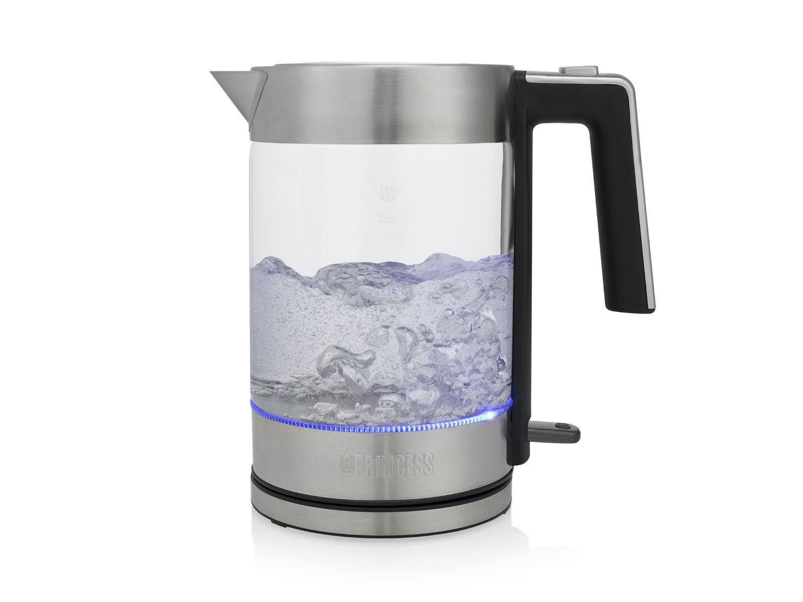 PRINCESS Елктрочайники, 1.7 l, 2200 W, Glas Lichtring blau, 360° Edelstahlsockel, leise elektrisch ohne Kabel