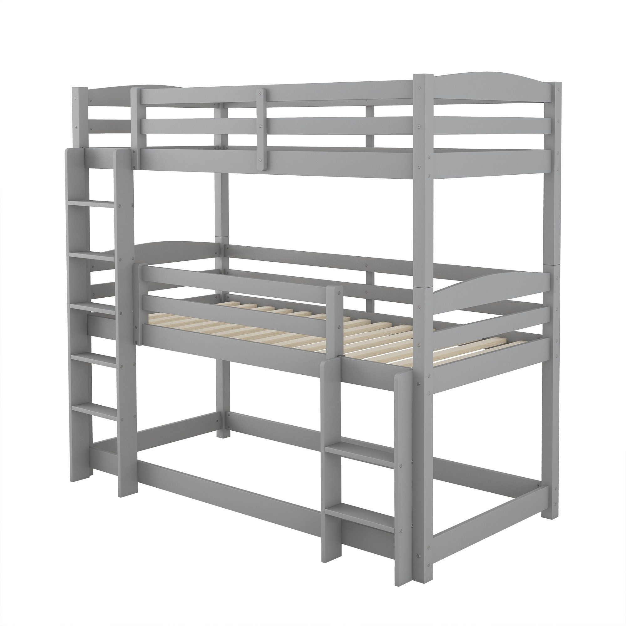 Hochbett 90x200 cm mit drei Ligeflächen, Kinderbett Kiefer mit Leiter