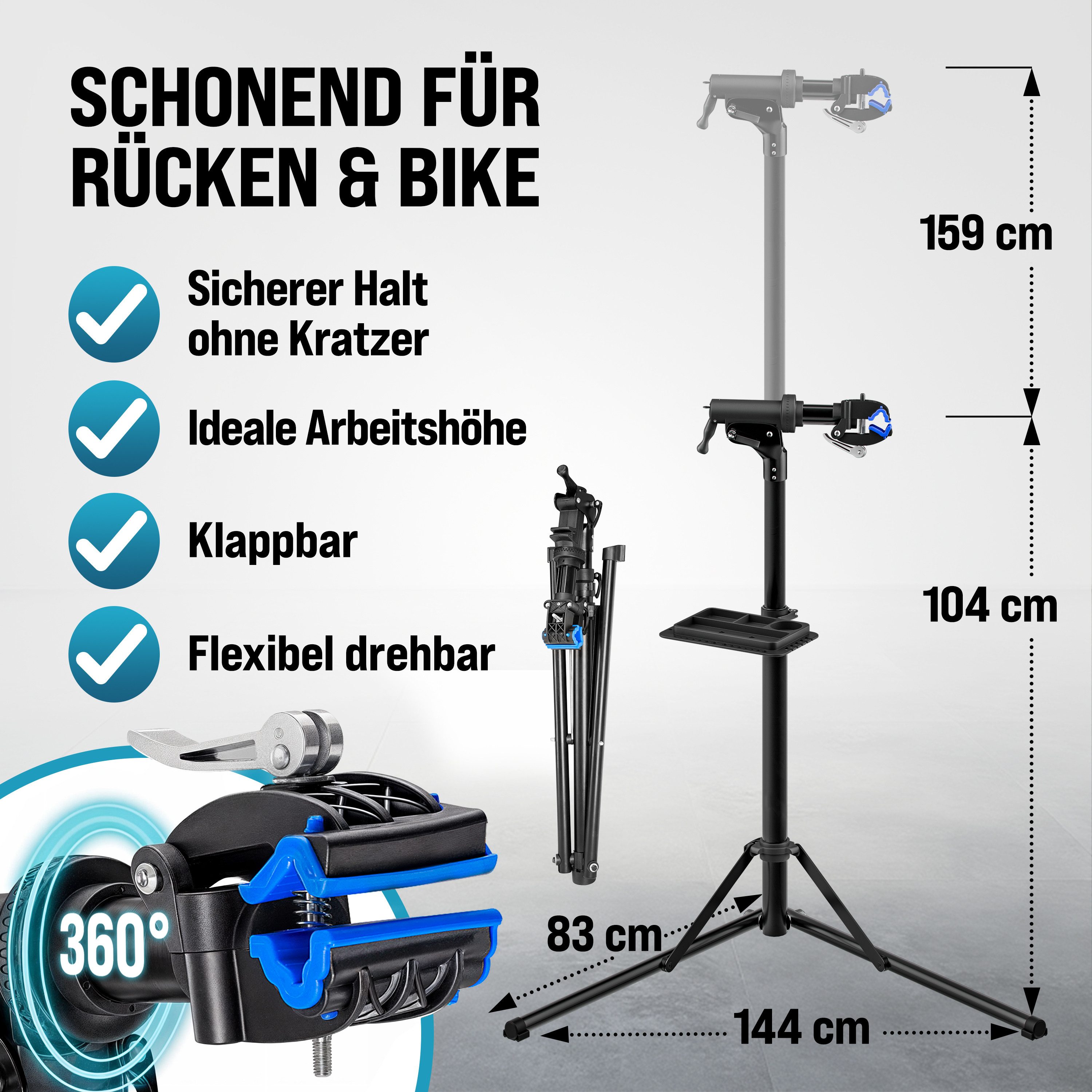 monzana Fahrrad-Montageständer, Klappbar 50 kg Schnellspanner Lenkerhalter 30-70mm Werkzeugschale