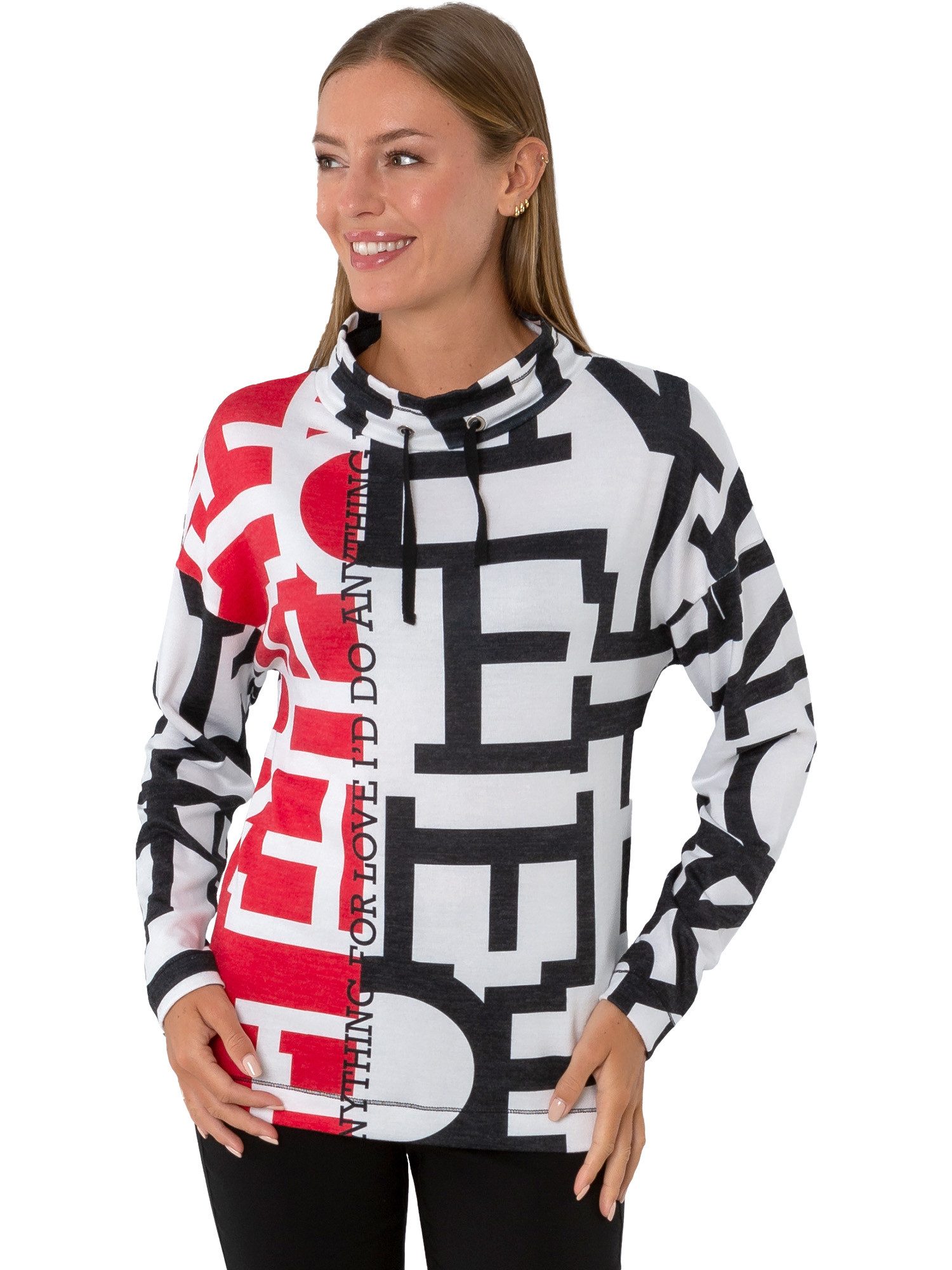 Estefania for woman Schalkragenpullover 193-7648, "for love" mit Tunnelzug und Ziernaht am Saum super weiches Material