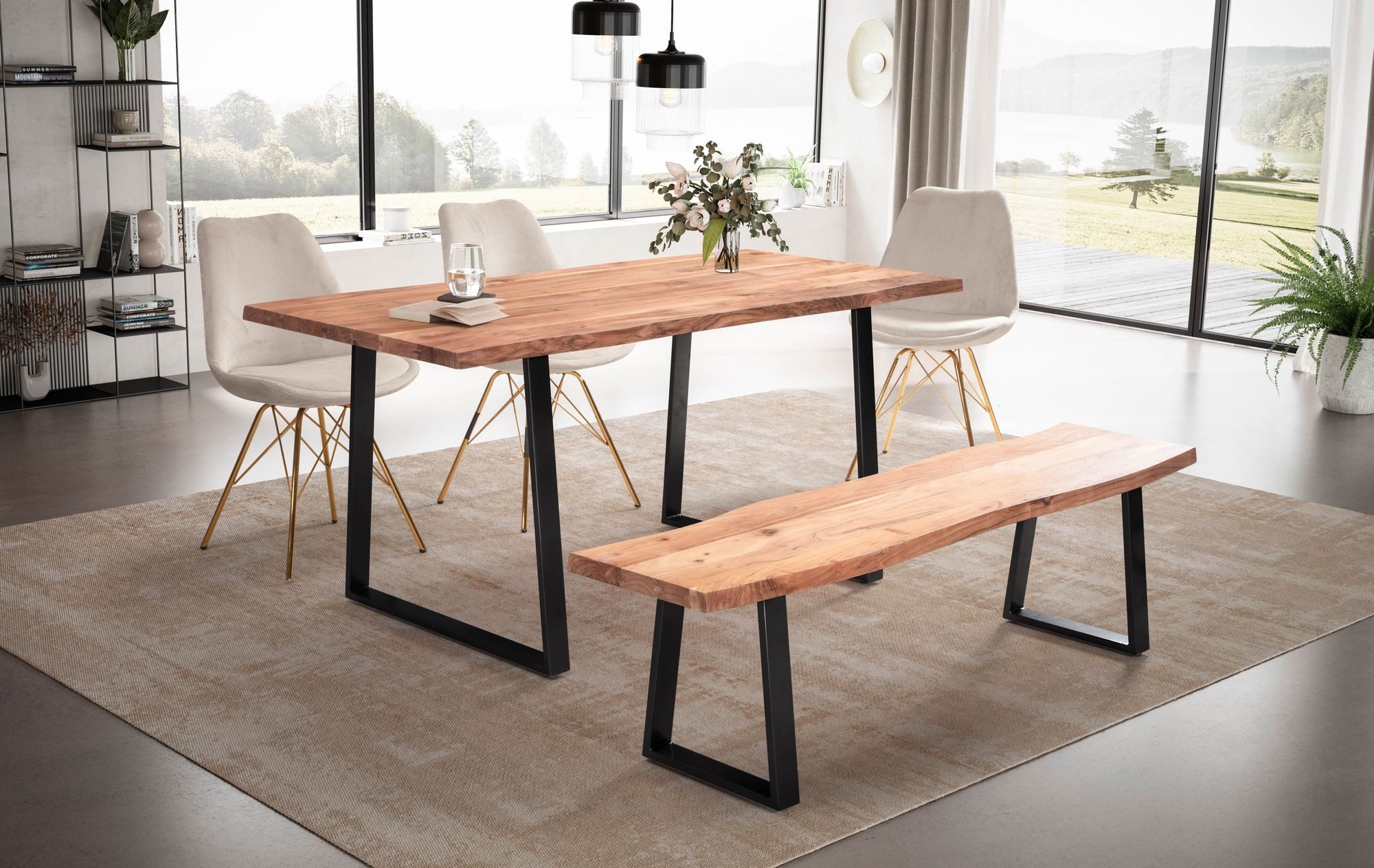 FINEBUY Esstisch FB68284 160cm Baumkante Esszimmertisch Baumkantentisch Industrial (160x80x76 cm Akazie Massivholz, Baumkante Modern), Esszimmertisch Trapezbeine, Holztisch Esszimmer