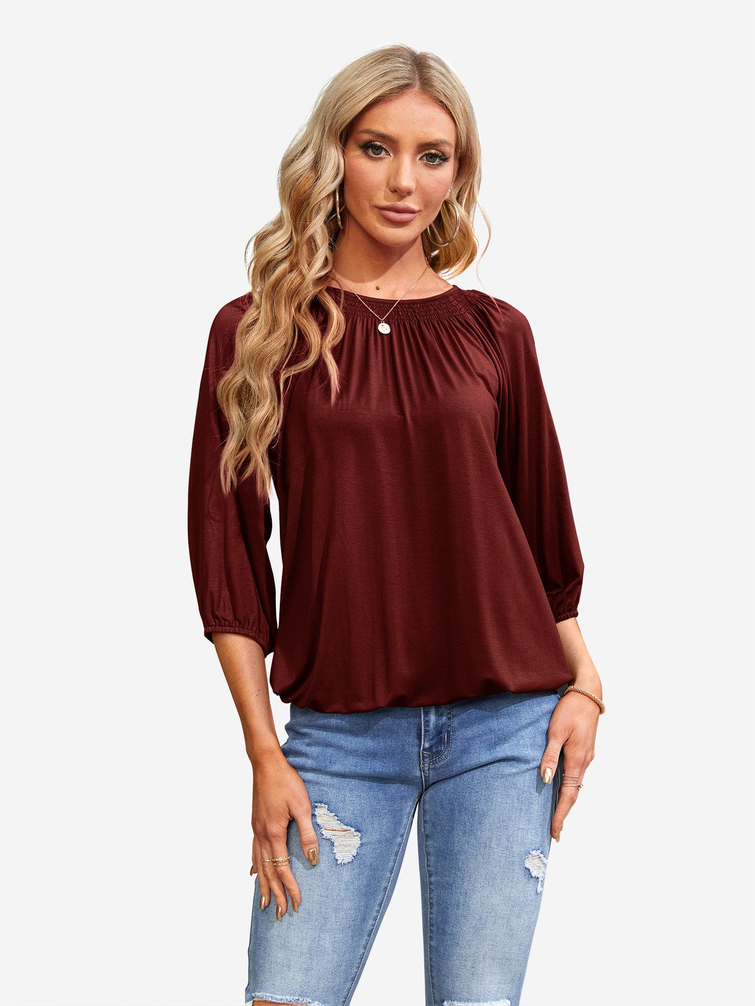 Imily Bela T-Shirt Damen 3/4-Ärmel Plissierte Bluse (Packung, 1-tlg., 1per-Pack) Rundhals