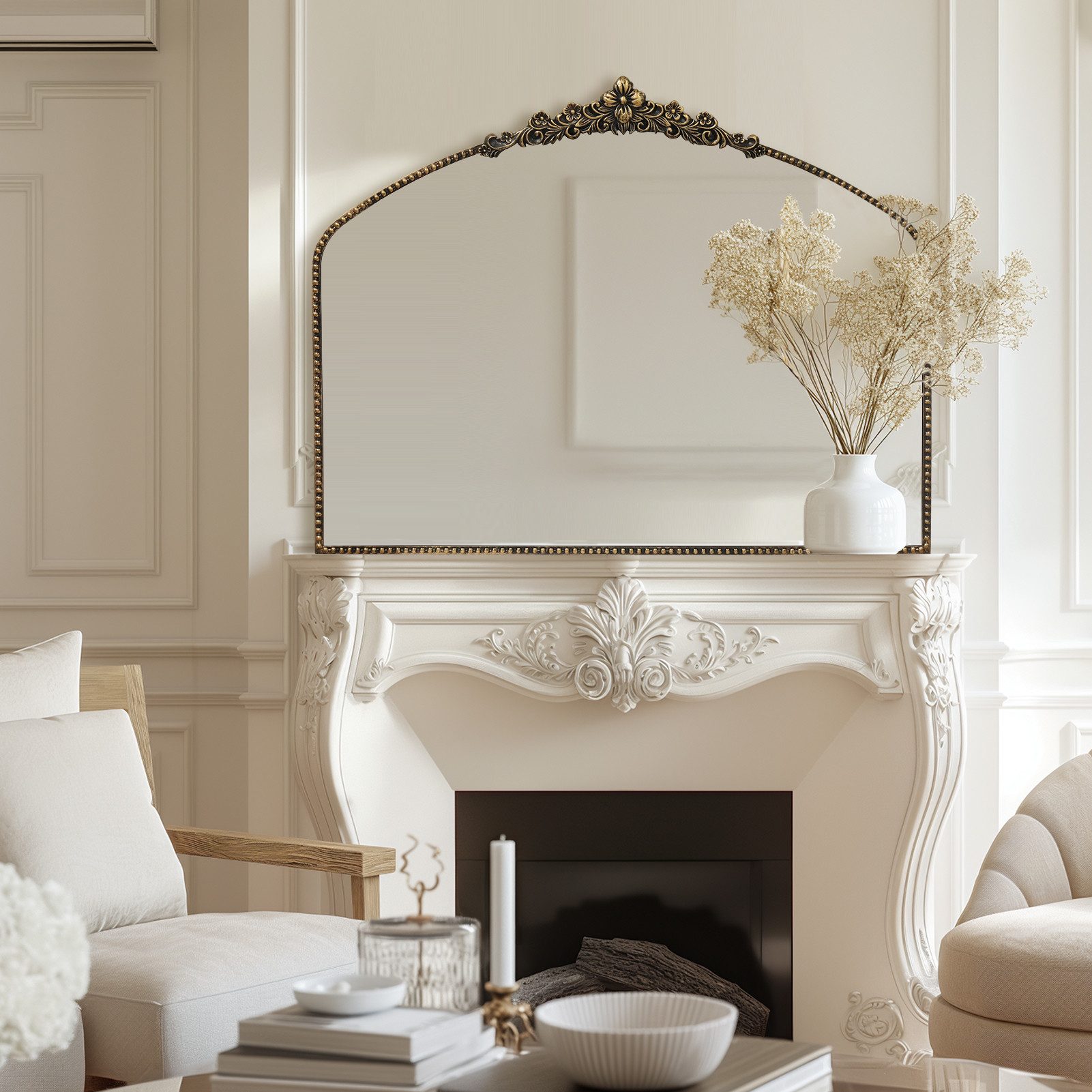 Spiegel Bogen-Wandspiegel im Barockstil, Metallrahmen mit Perlenverzierung