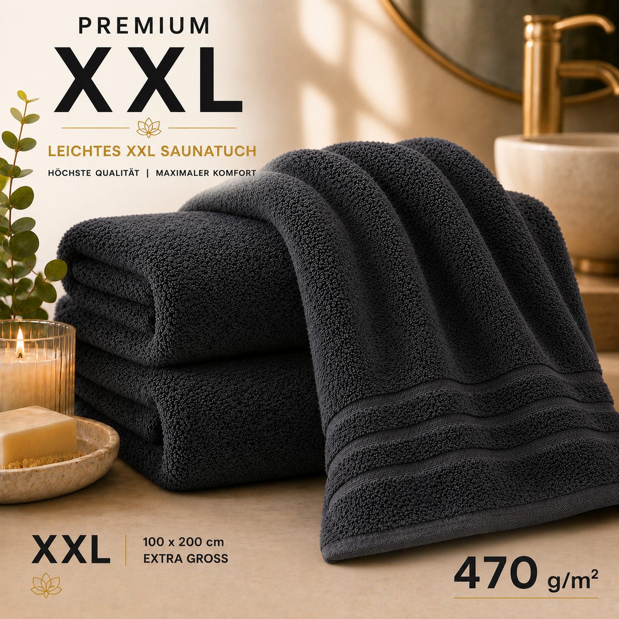 Komfortec Saunatuch 100x200 Extra Große XXL Premium Saunatuch, Unifarben (1-St), extra Große XXL, Schnelltrocknend, Frottee, Weich, Baumwolle – Bild 2 von 5