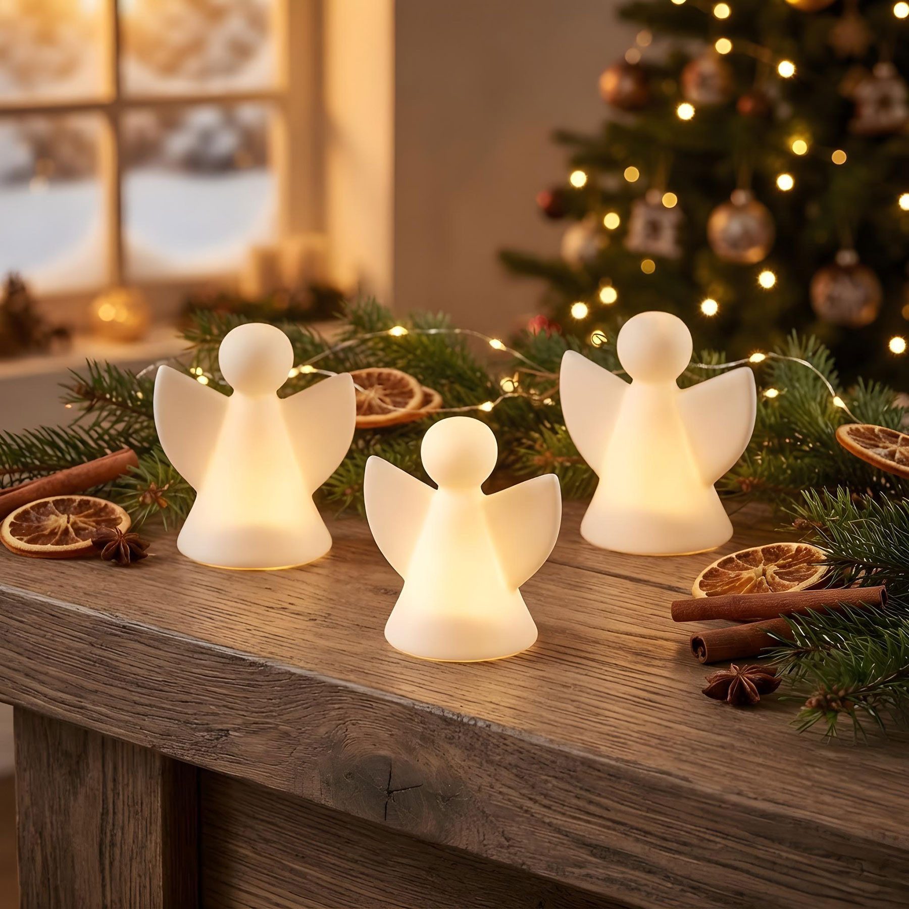 Levandeo® Weihnachtsfigur 3er Set LED Deko Licht Engel Weiß Porzellan Weihnachtsdeko Engelfigur