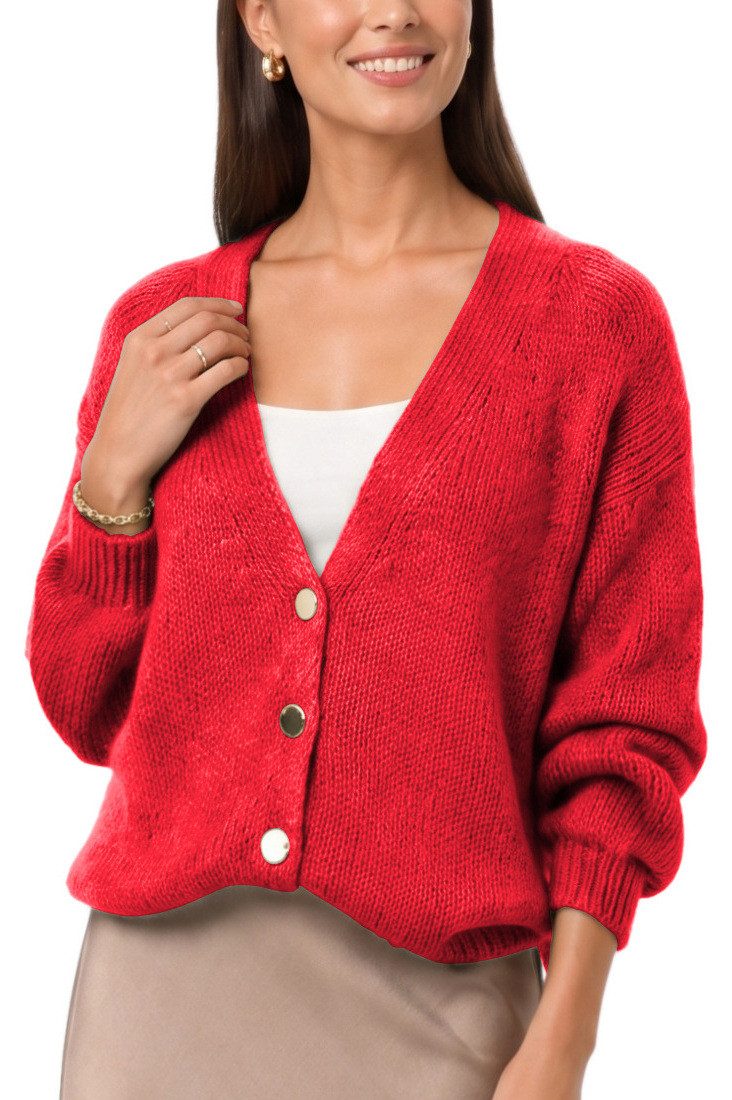 dy_mode Strickjacke Damen Cardigan Grobstrick Strickjacke V-Ausschnitt Übergangsjacke Grobstrick, in Unifarbe, V-Ausschnitt