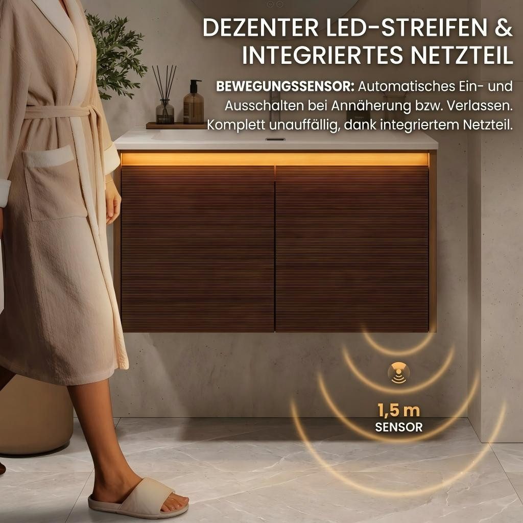 SONNI Waschbeckenschrank Waschbeckenunterschrank mit Sensorleuchte & Waschbecken Holzfarbe mit Gittertür, Breite 89/79cm, mit Sensorleuchte, Naturholz-Optik – Bild 4 von 5