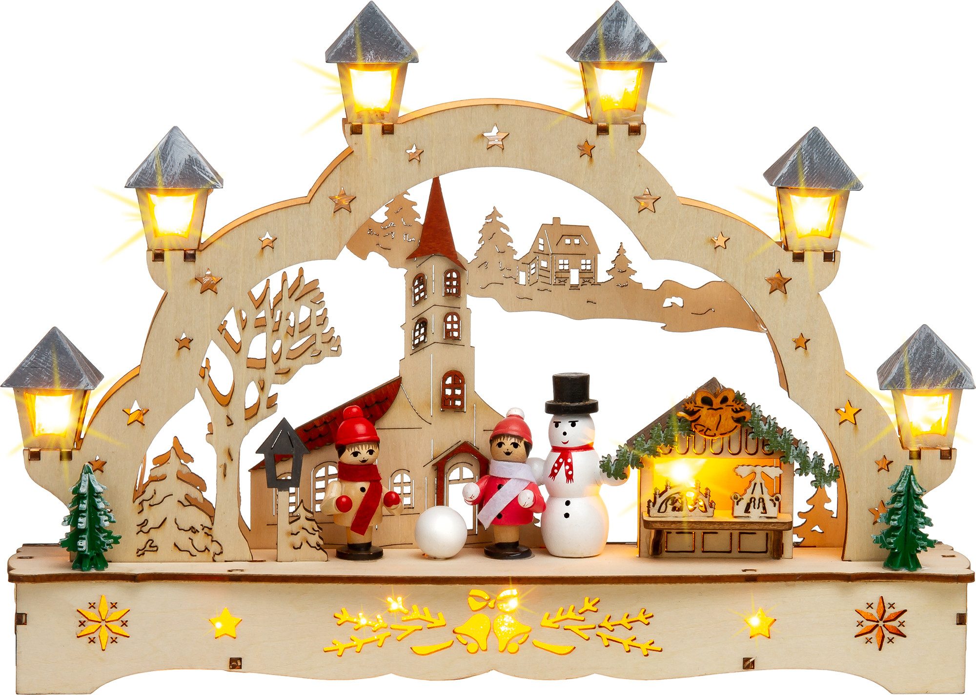 SIKORA Schwibbogen LB70s kleiner LED Holz Lichterbogen Dorfkirche mit Markt B: 27 cm, batteriebetrieben - sanft beleuchtet für sinnliche Weihnachten